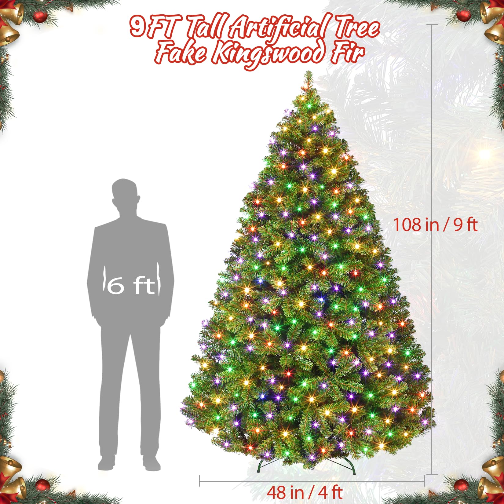 9FT Prelit Fluffy Noble Fir Artificial Christmas Tree with 900 Multicolor Lights& 9 Modes, Hinged Branches& 3500 Tips, Artificia