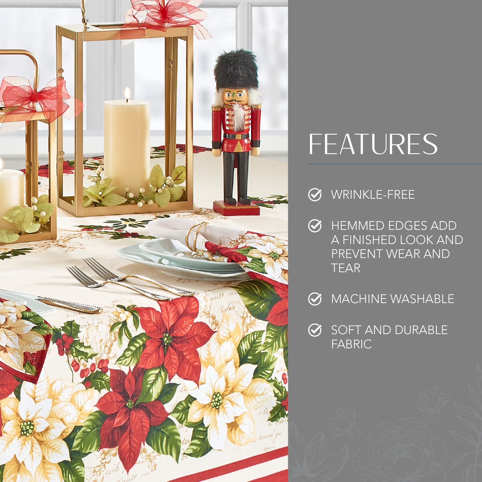 Elrene Home Fashions Red And White Poinsettia Holiday Wrinkle Resistant Fabric Tablecloth, 60'' X 102'' Rectangle, Multi