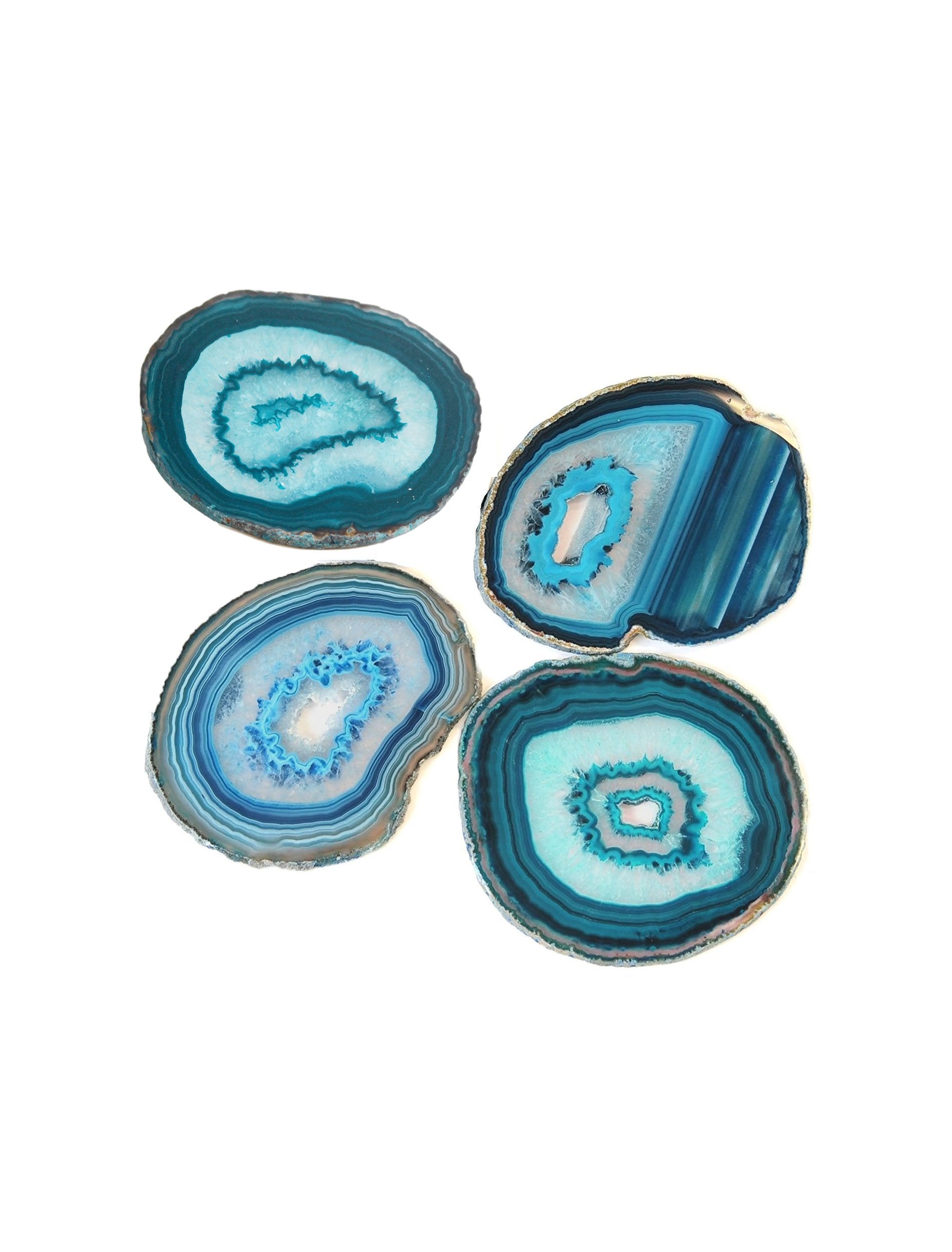 Amoystone Teal Agate Coasters Set Of 4 For Drink, Agate Slice Coaster Large 3.5-4'' Gem Stone Cup Mat For Home And Coffee Table