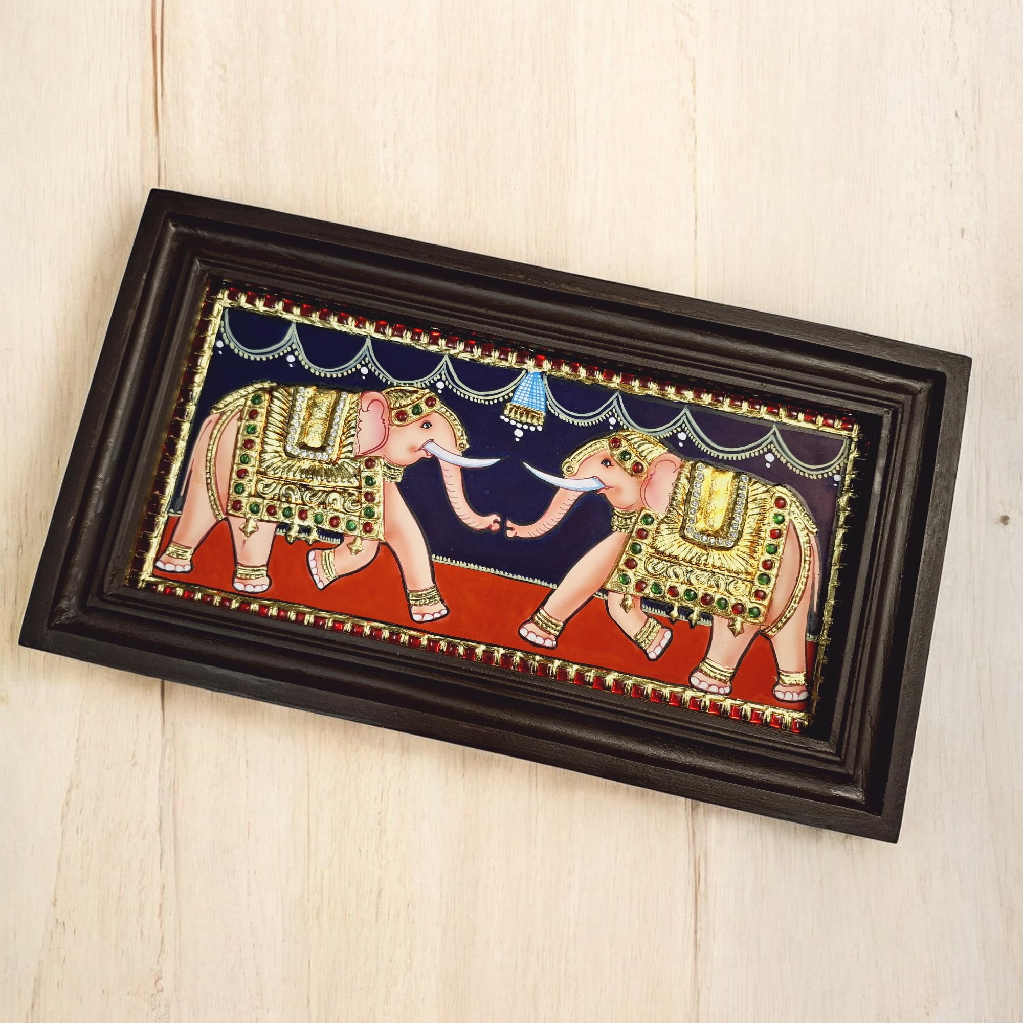 Jline Arts Elephant Tanjore Painting, 22 Carat Gold Foils With Wall Hanging (35 Cm X 19 Cm) With Teakwood Frame