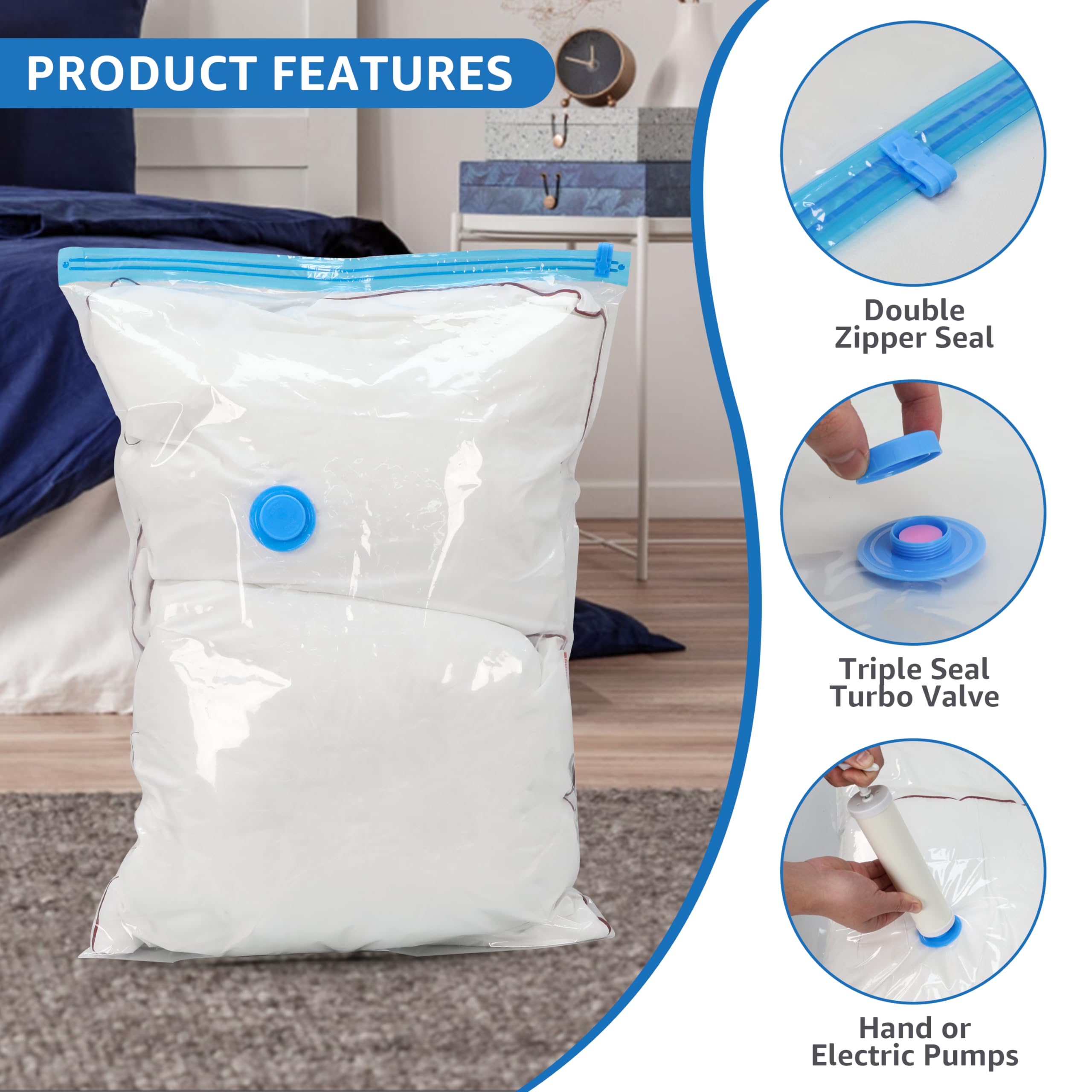 Simple Deluxe Vacuum Storage Bags 20 Pack, Space Saver Bags with Hand Pump, Vacuum Seal Bags for Clothing Travel, Comforters, Bl