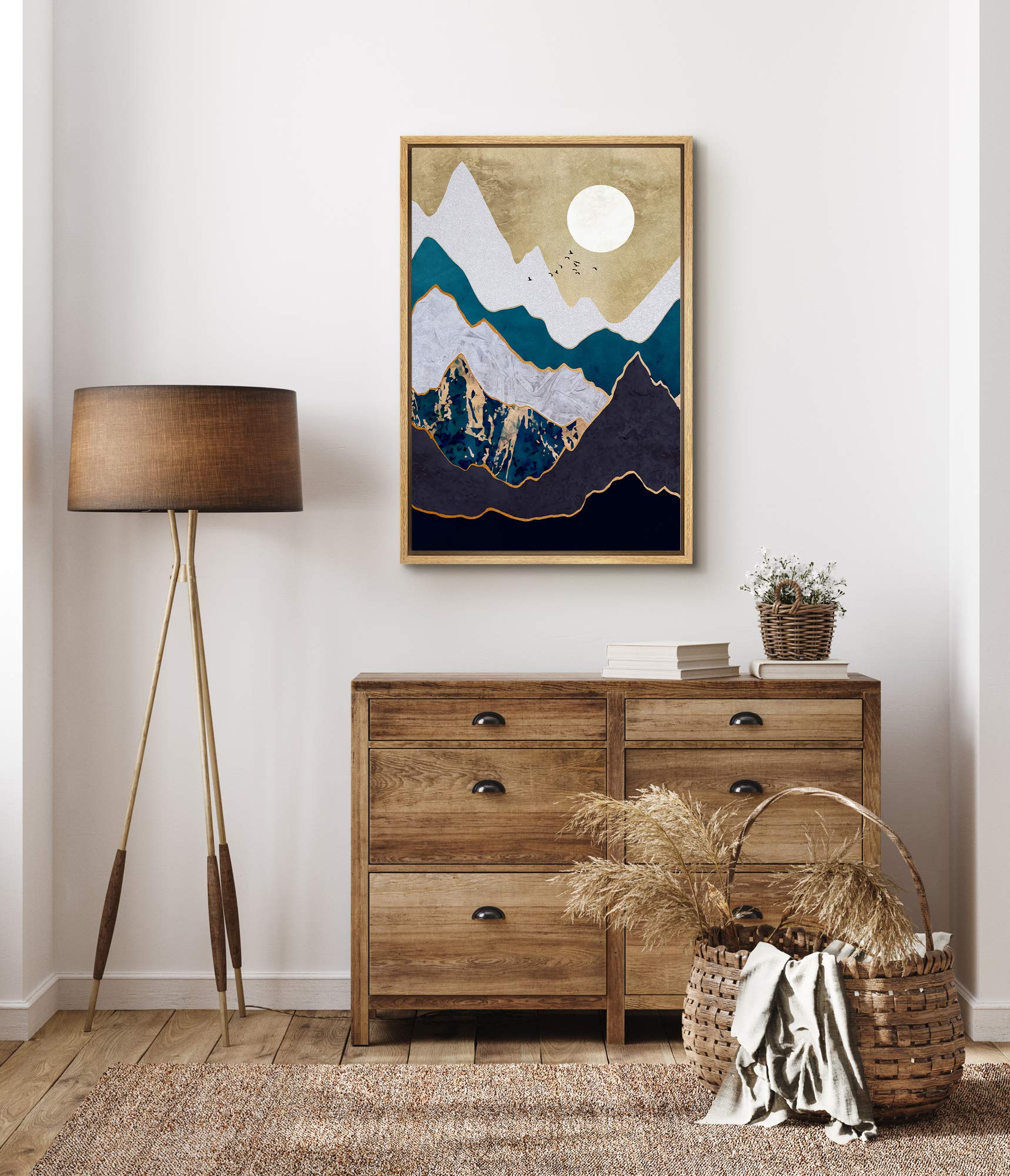 Signford Framed Canvas Print Wall Art Granite Mountains With Golden Mountain Outline Abstract Wilderness Illustrations Modern Ar