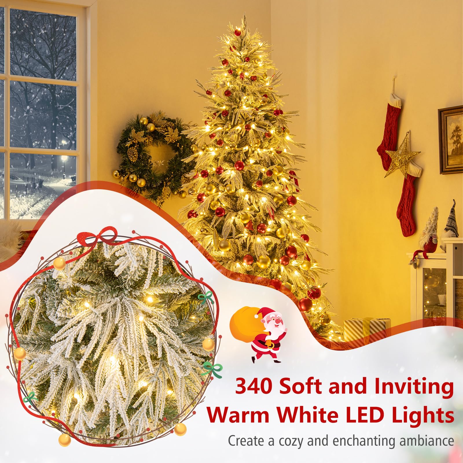 Goplus 7 FT Pre-Lit Snow Flocked Christmas Tree, Artificial Hinged Xmas Tree with 820 PE & PVC Mixed Branch Tips, 340 Warm White