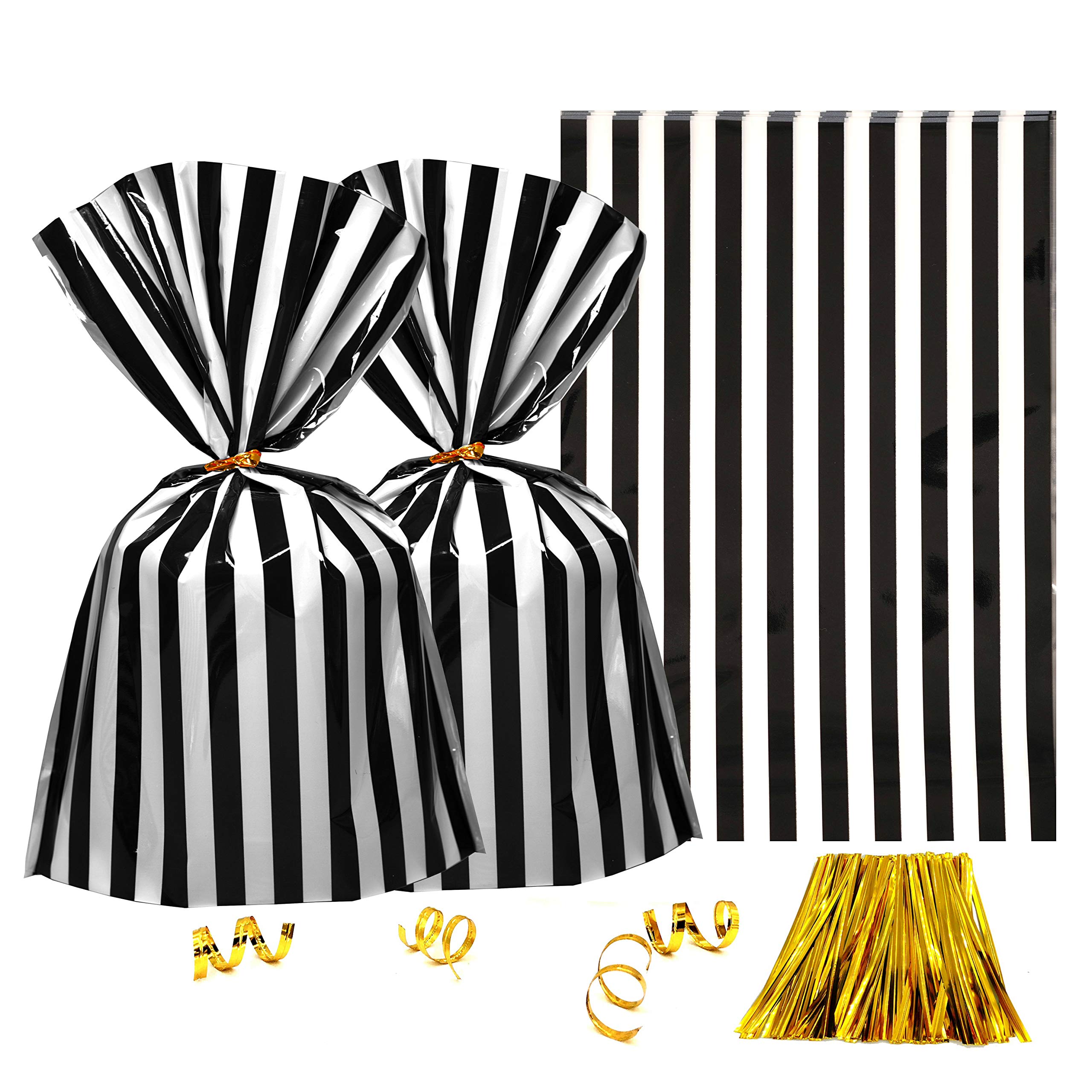 Clear Plastic Cellophane Treat Bags - Black White Stripes Party Favors Cello Bags Wedding Baby Shower Birthday Party Cookie Cand