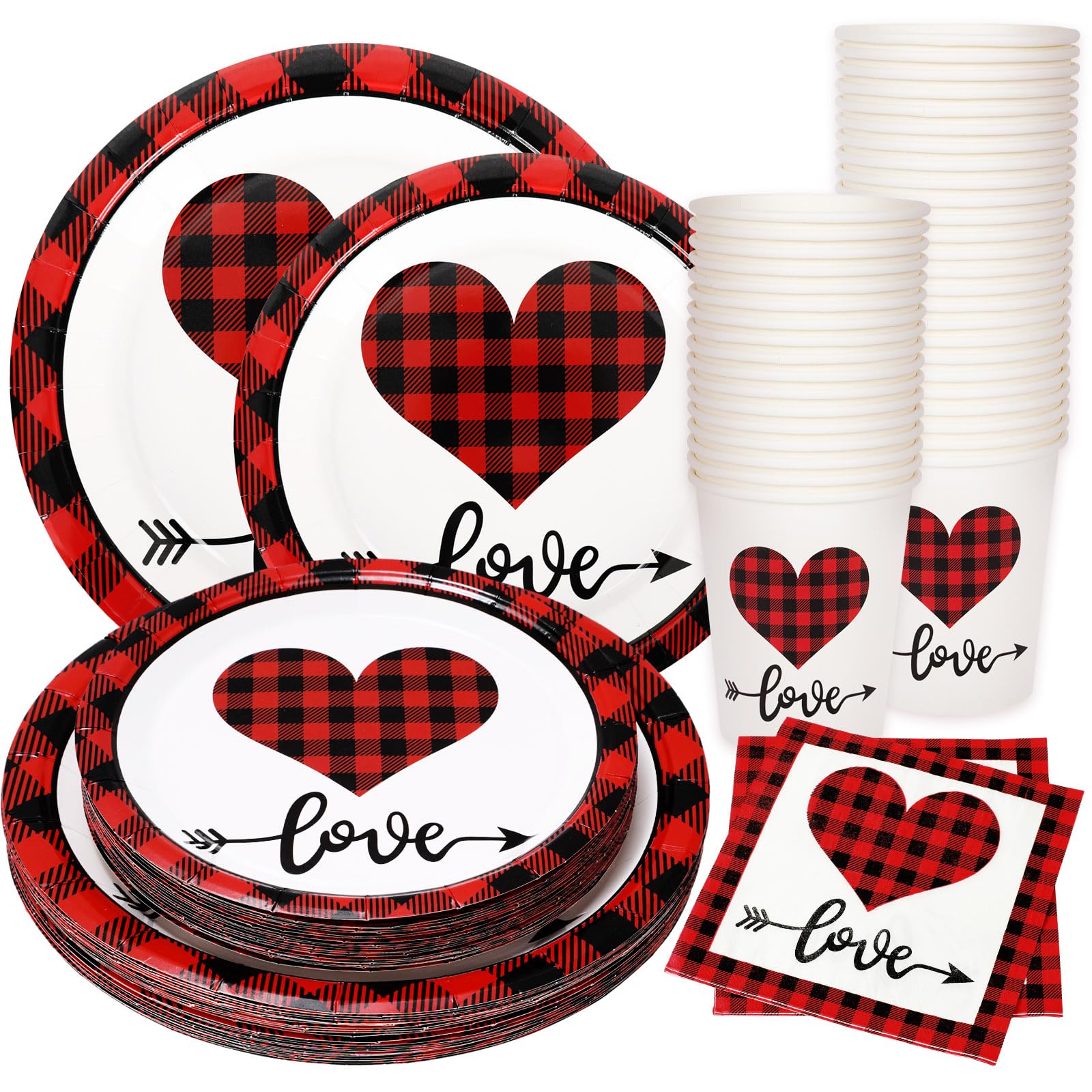 Whaline 100Pcs Valentine'S Day Tableware Set Buffalo Plaid Love Heart Disposable Dinnerware Set 50Pcs Paper Plates 25Pcs Napkin