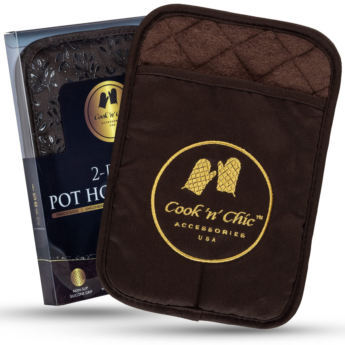 Premium Pot Holders - Heat Resistant - Non Slip Textured Silicone Grip - Washable Mittens For Cooking Baking - Flexible Soft Ter