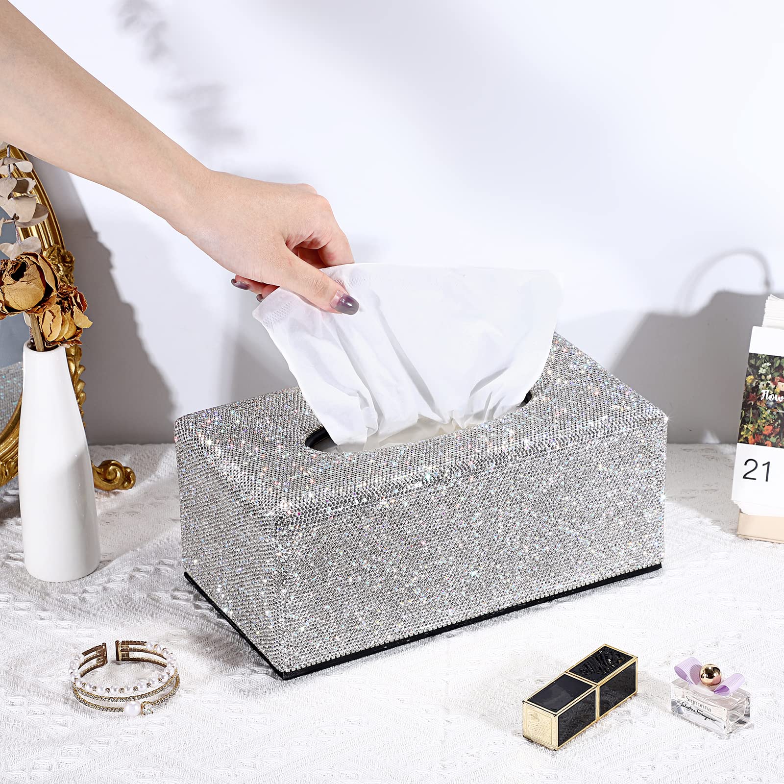 Sumnacon Tissue Box Cover Bling Tissue Box For Bathroom Sparkling Rectangular Tissue Box Holder With Magnetic Gorgeous Tissue Ho