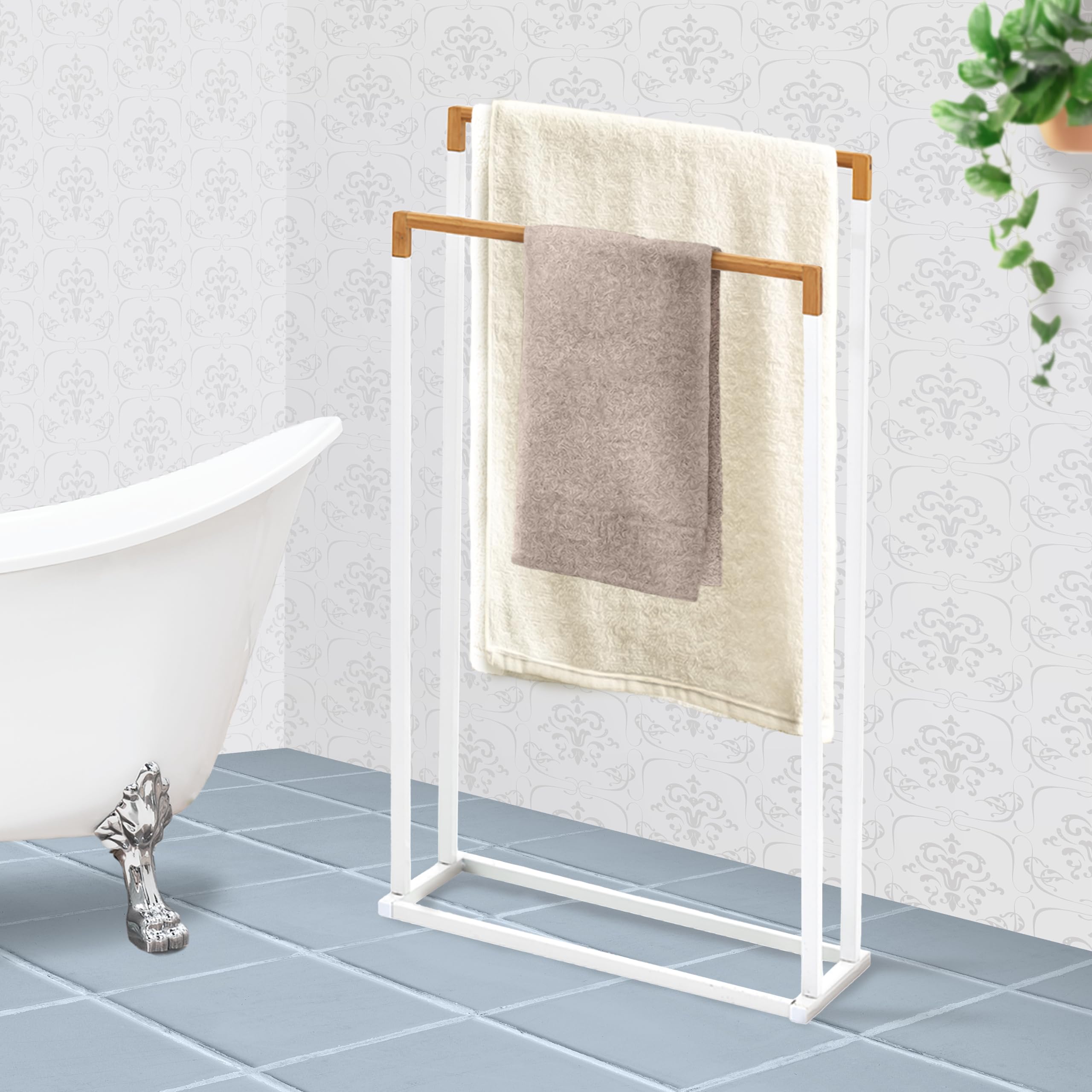Ikloo 2 Tier Free Standing Towel Rack, Towel Rack Stand For Bathroom, Wood Bar Bath Towel Holder Stand, Quilt Racks Free Standin