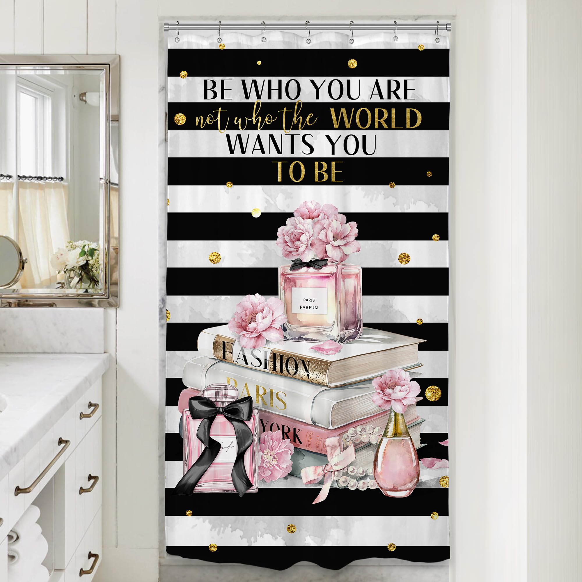 Riyidecor Small Stall Fashion Women Shower Curtain 36Wx72H Inch Black White Striped Pink Modern Magazine Book Perfume Flower Girl Positive Quote Bathroom Decor Fabric Polyester Waterproof 7 Pack Hooks