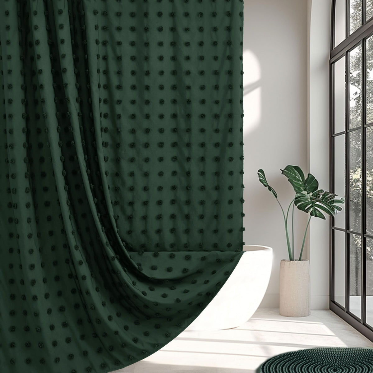 Extra Long Boho Farmhouse Shower Curtain Woven Fabric 84 Inch Dark Green Shower Curtain, 72 X 84 Tufted Pleat Floral Puffs Textu