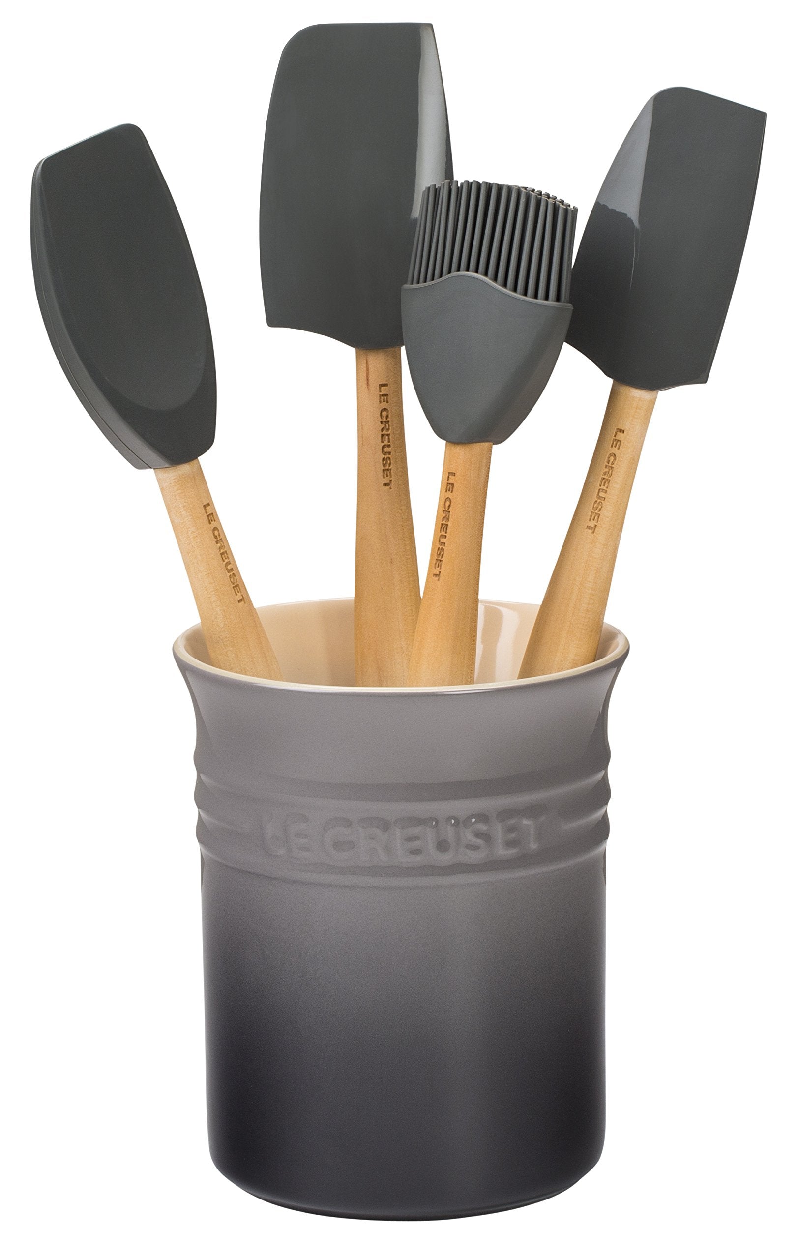 Le Creuset Silicone Craft Series Utensil Set With Stoneware Crock, Oyster, 5Pc