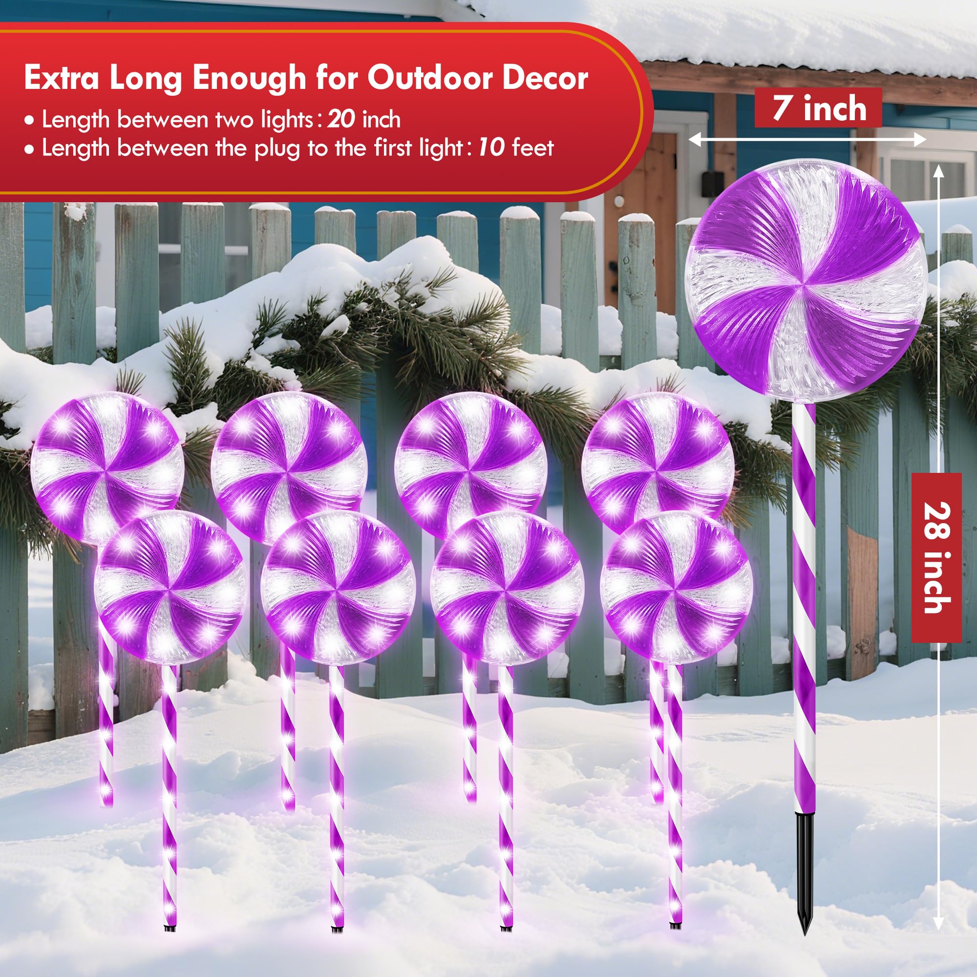 VINEROOF 8PK 28inch 8 Modes Christmas Lollipop Light for Outdoor Decorations Flashing Pathway Lights (Purple)