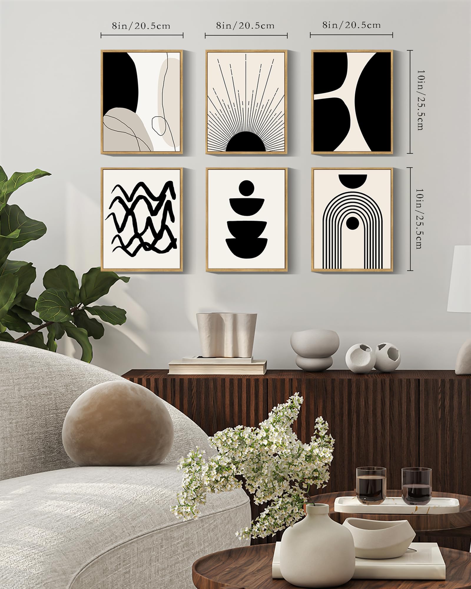 ???????????? Black Abstract Boho Wall Art Minimalist Geometric ???????????? Wood Wall Decor Boho Room Decor Black Beige Art Canvas Painting Mid Century Modern Prints Bohemian Posters for Bedroom Kitchen Office Home Decor   8x10inx6pcs (Framed)