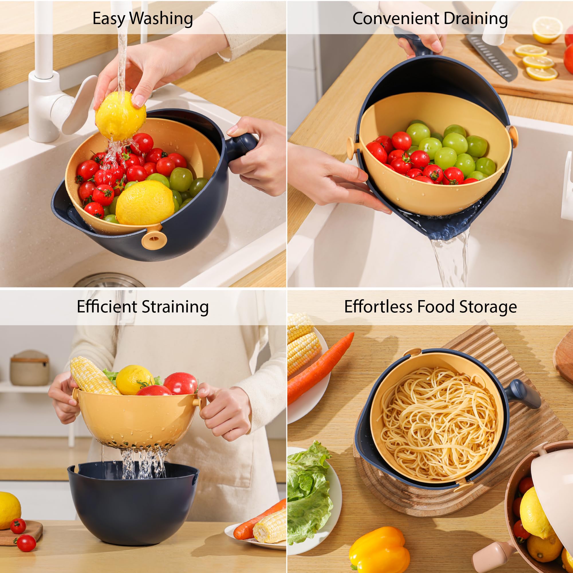 Chef'S Path 2 In 1 Kitchen Strainer And Colander For Kitchen, Multifunctional Food Strainer Set, Bpa Free Plastic Colander With