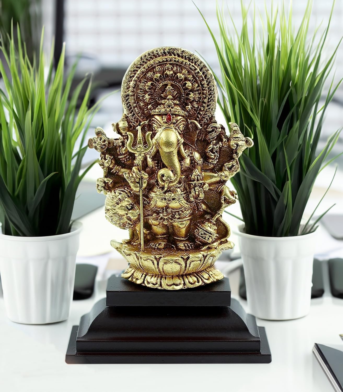 Justclickindia Fiber Resin Action Sri Shubha Drishti Ganapathy Idol, 5 Inch (Gold And Brown)