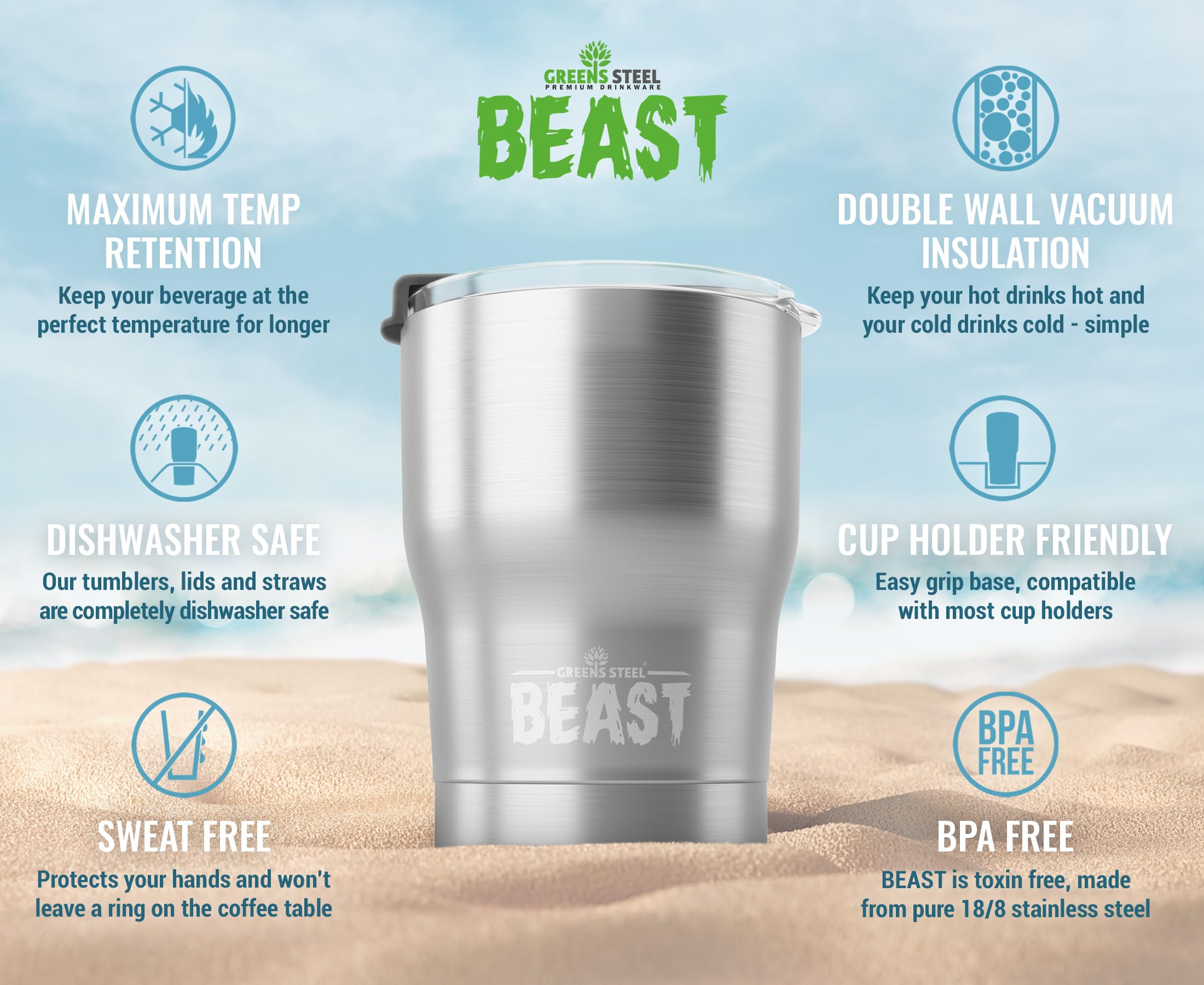 Beast 10 oz Tumbler Stainless Steel Vacuum Insulated coffee Ice cup Double Wall Travel Flask (Steel)