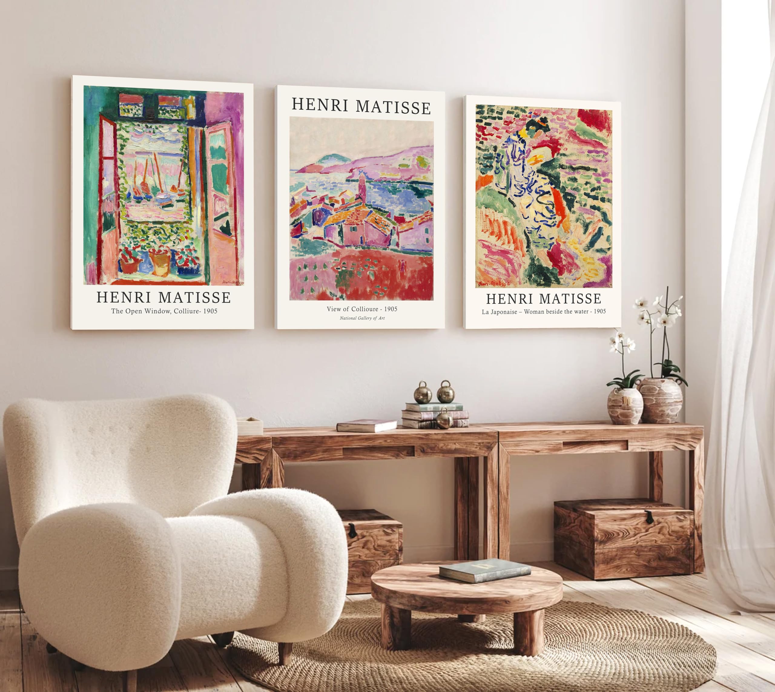 Induslyfe Large Framed Sage Green Vintage Wall Art Canvas Decor Set Of 3, Matisse Wall Art Prints Poster Mid Century Modern Art,