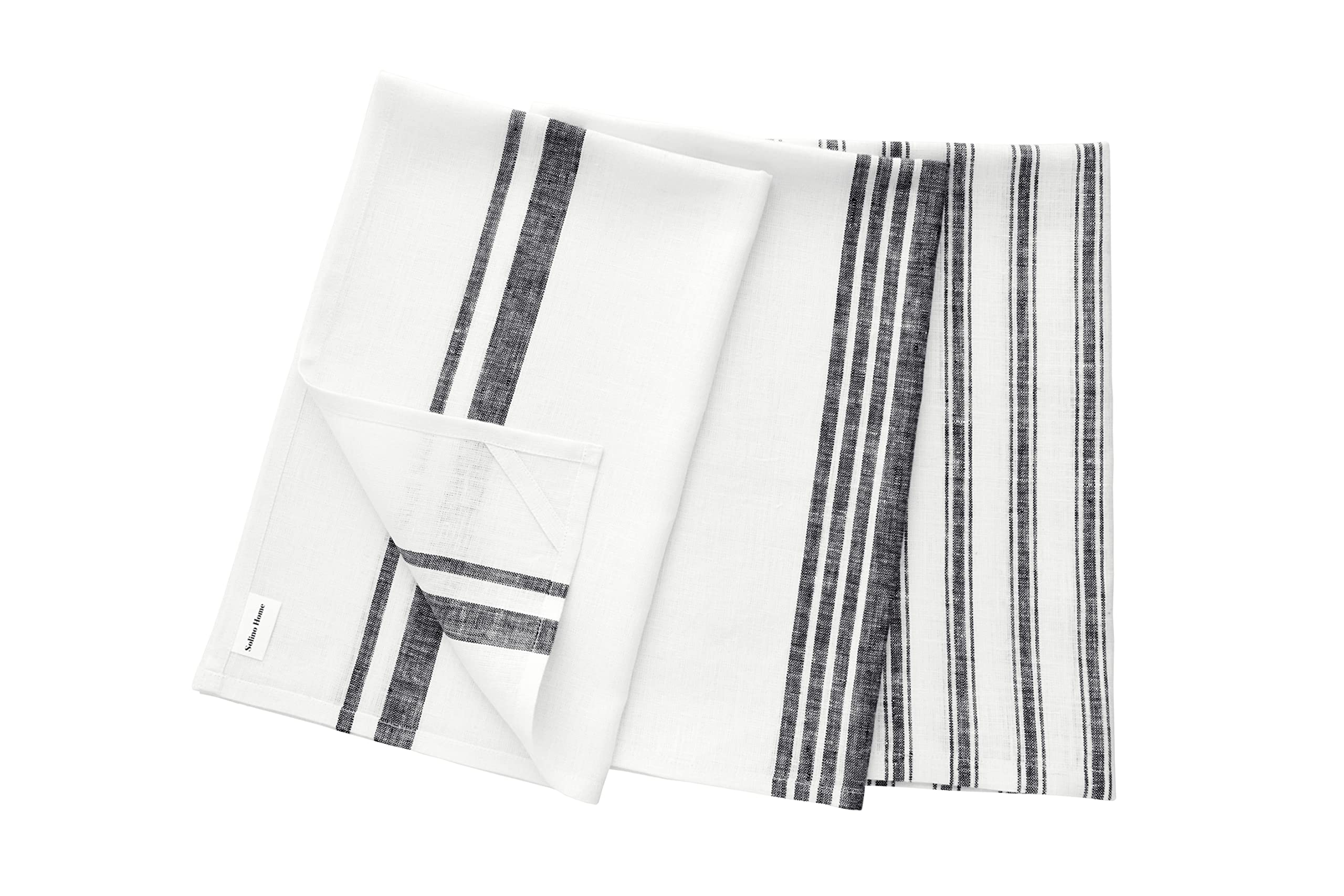 Solino Home Stripe Linen Tea Towels 17 X 26 Inch - 100% Pure Linen Multi Kitchen Towels Set Of 3 Assorted - Black And White, Han