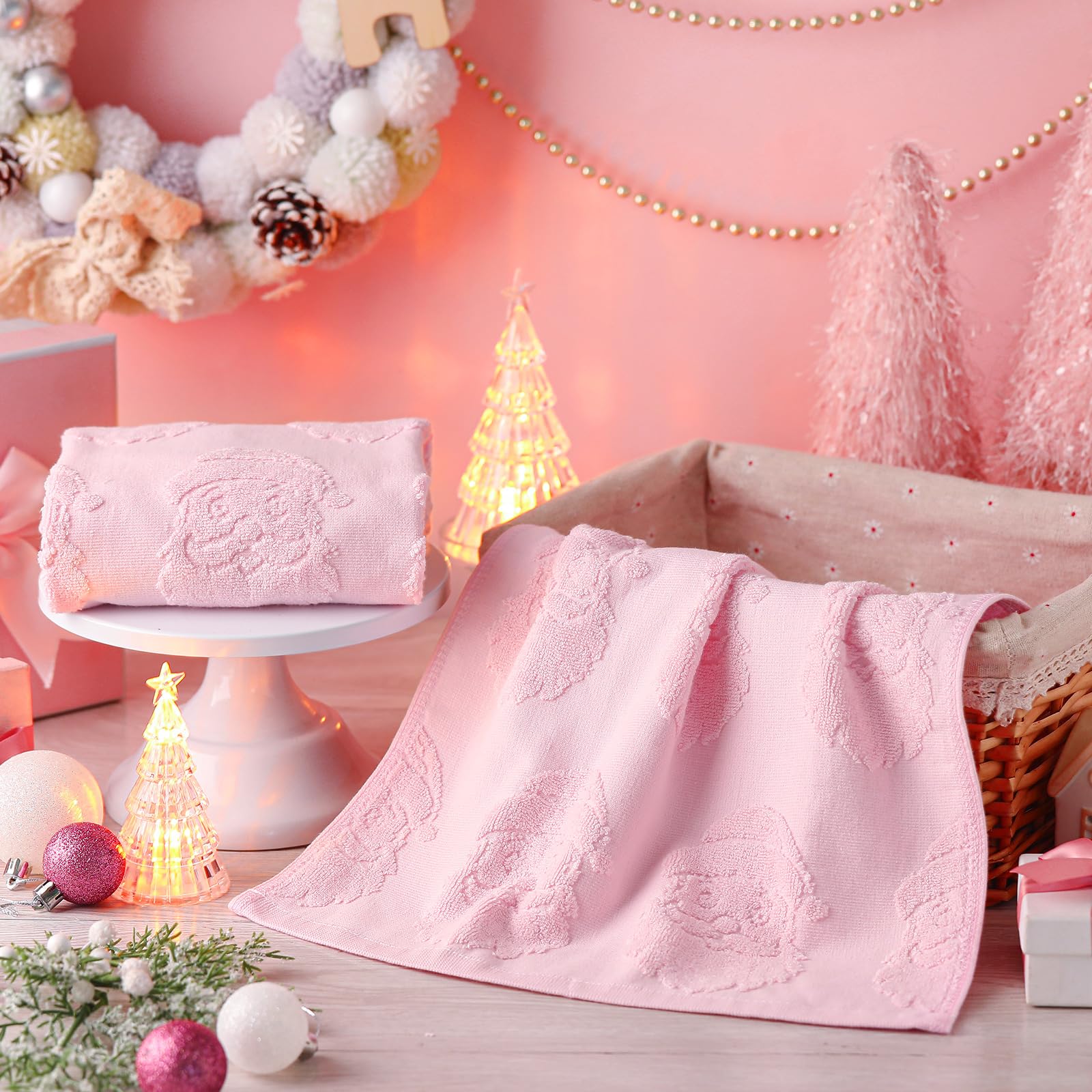 Breling 2 Pcs Christmas Hand Towels Pink Santa Claus Bathroom Decorative Towels 100% Cotton Absorbent Jacquard Weave Bath Decor