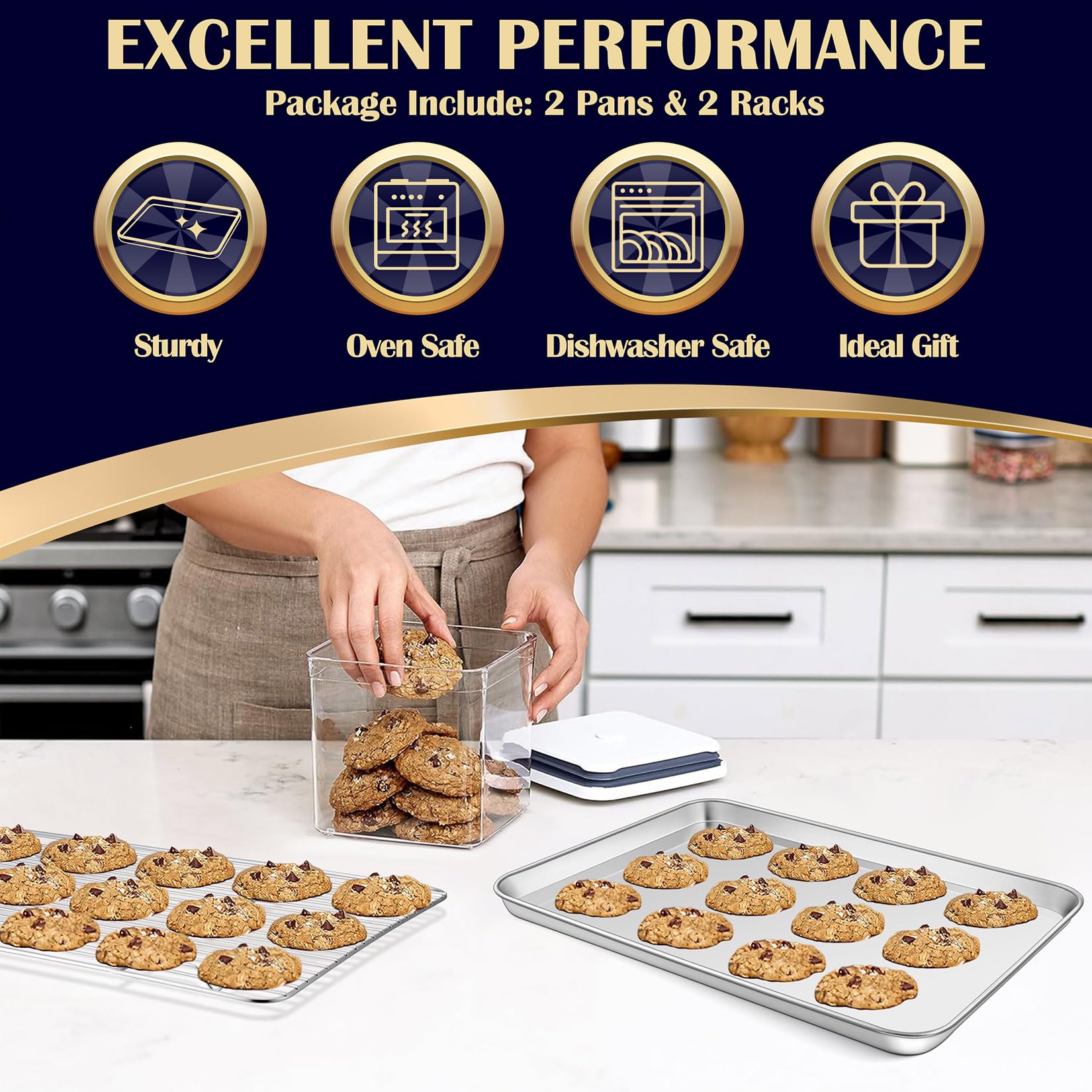 12.5 Inch Baking Sheet Pan With Cooling Rack Set(2 Pans & 2 Racks), Joyfair Stainless Steel Quarter Toaster Oven Pan Tray & Wire