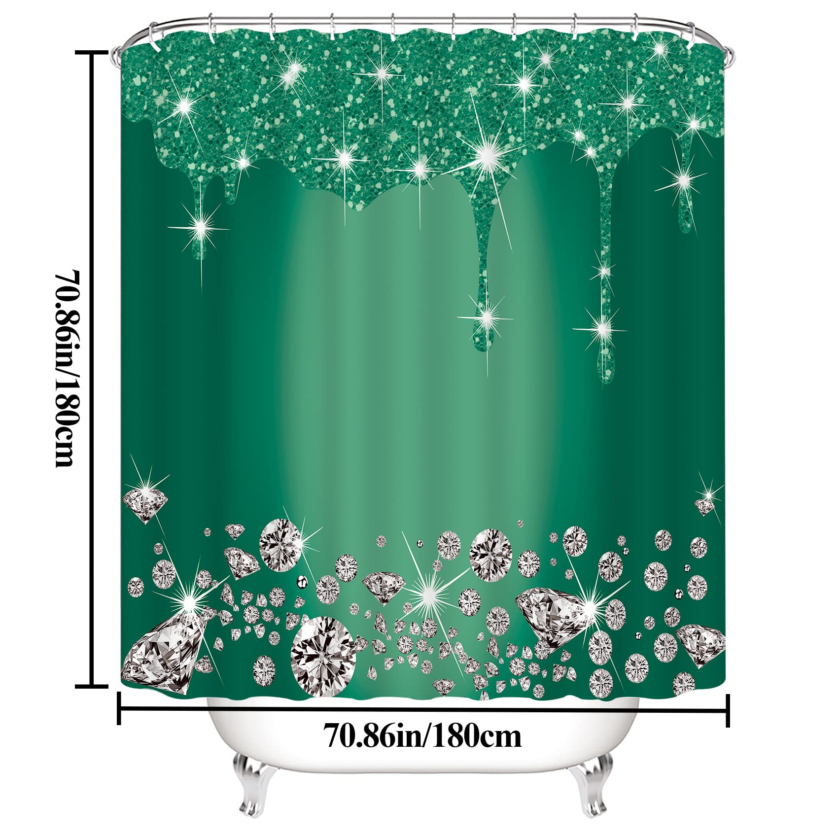 4 Pcs Glitter Diamond Shower Curtain Sets  Deep Green Shiny Drips Bath Decor with Rug and Toilet Lid Cover  Emerald Green Luxury Texture Colorful Bling Modern Bathroom Curtain with 12 Hooks  72 x 72