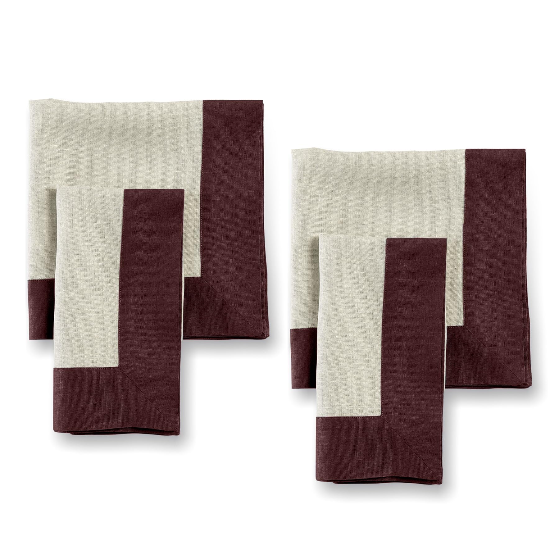 Solino Home Linen Dinner Napkins 20 X 20 Inch - 100% Pure Linen Burgundy And Natural Cloth Napkins Set Of 4 - Contempo, Handcraf
