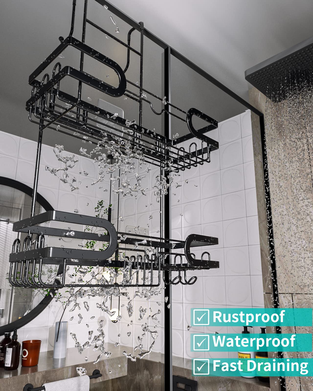 HapiRm Hanging Shower Caddy, 2-Tier Stainless Steel, Over the Door, Black, Model ZWJ63, No Drilling, Rustproof, Waterproof