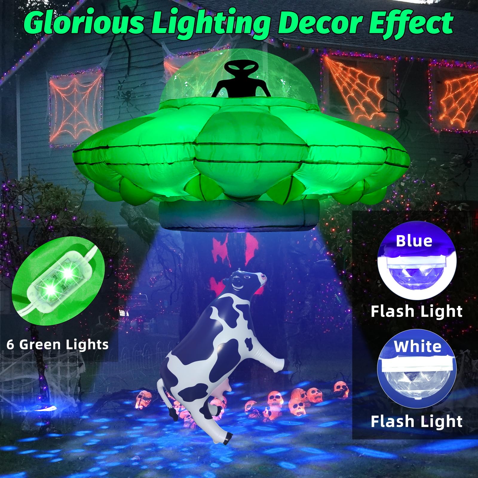 Alien Party Decorations 4.2FT Hanging Alien UFO Cow Abduction Inflatable with Cow&2pcs Jumbo Alien Halloween Inflatable UFO Buil