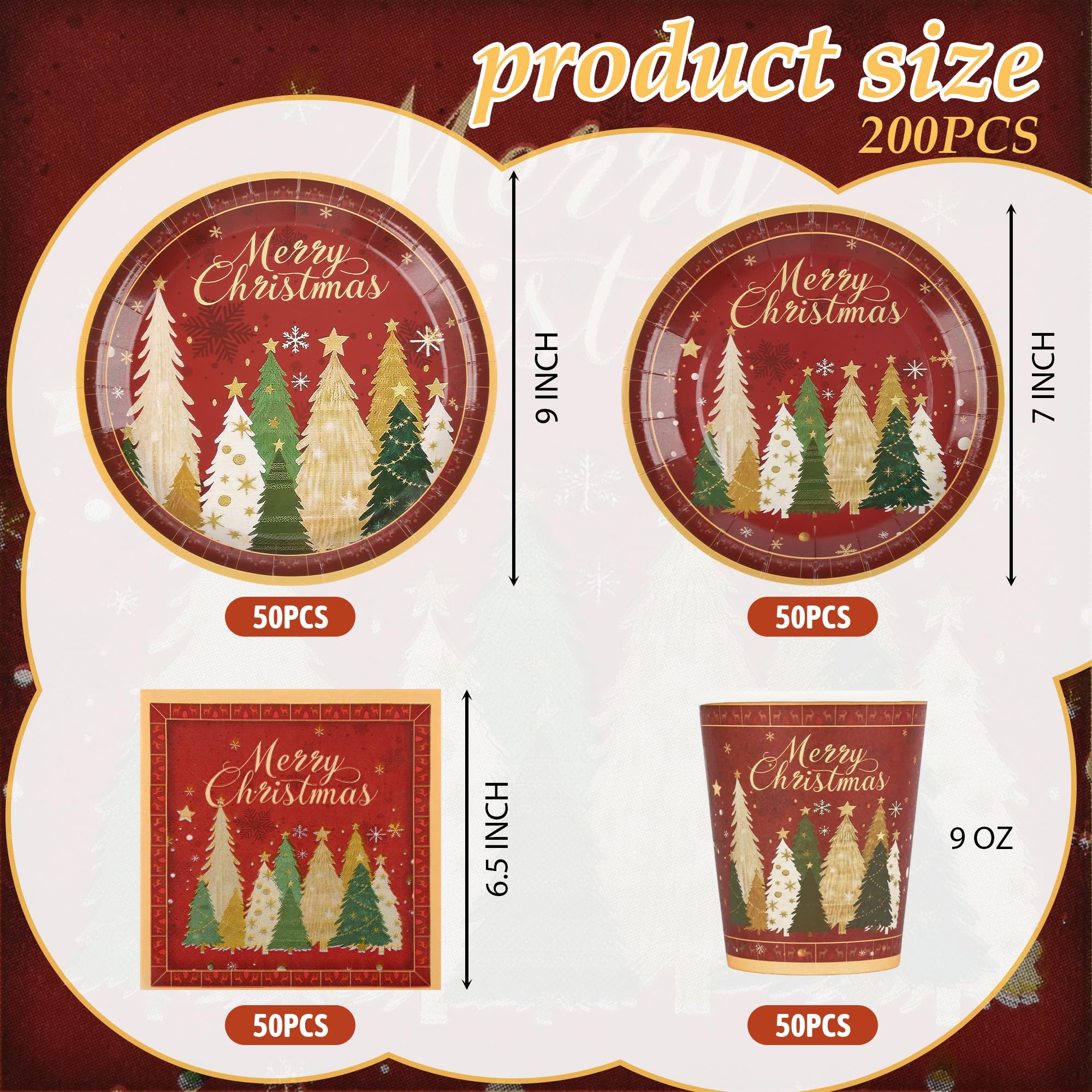 Purhapfre Christmas Party Dinnerware Set - 200Pcs Paper Plates, Napkins & Cups, Large Merry Tree Design, Serves 50