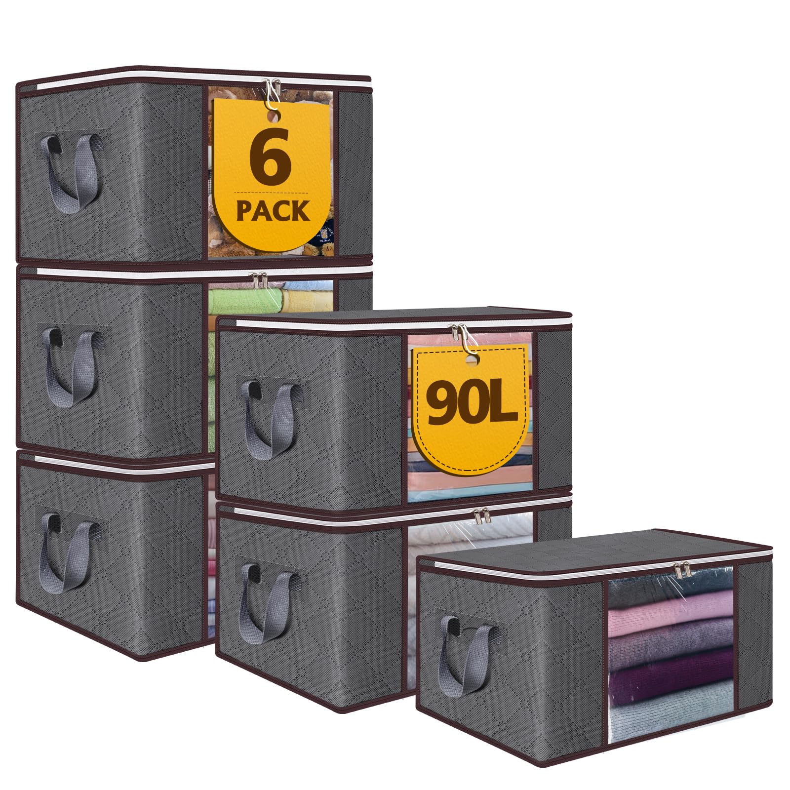 90L Large Storage Bags,6 Pack Foldable Clothes Storage Bins with Zipper and Lids Closet Organizers Storage ContainersDurable Han