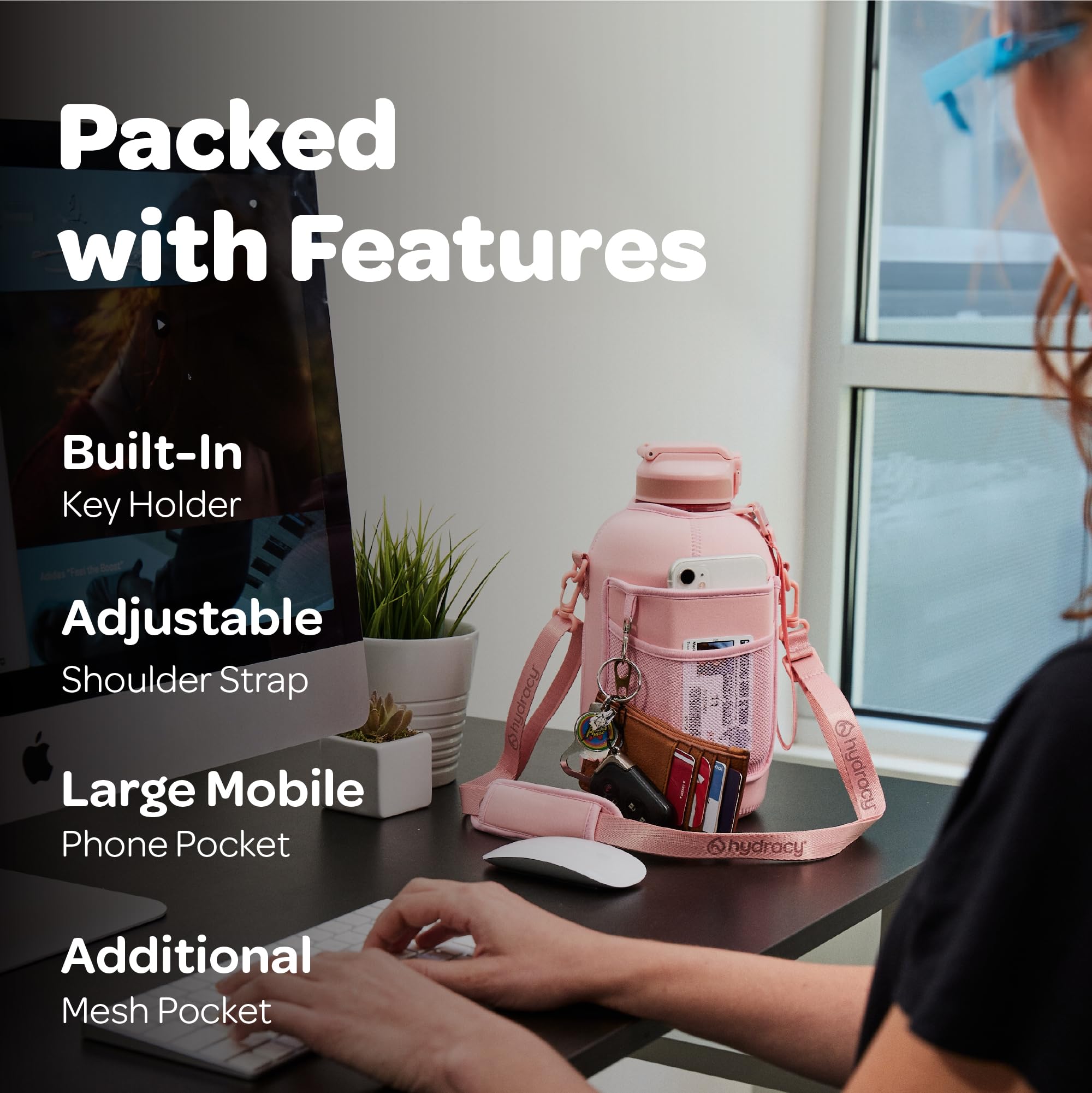 Hydracy Water Bottle with Storage Sleeve and Straw - Large Half gallon BPA Free Motivational Jug with Time Marker - Leak Proof gym Bottle - Ideal gift for Fitness or Sports & Outdoors ( Rose gold Straw  78oz)