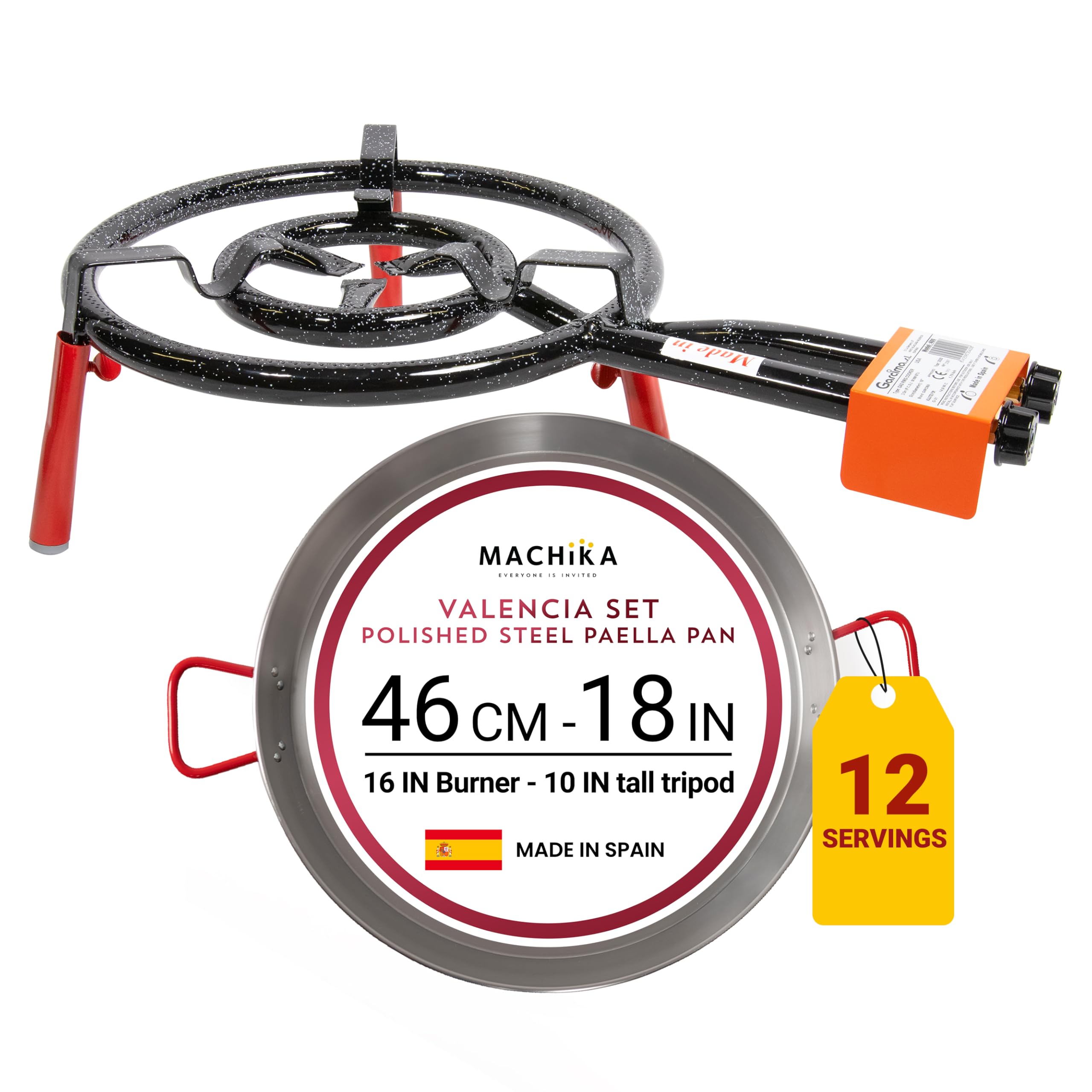 Machika Valencia Paella Kit with 18-inch Carbon Steel Pan | 8-16 in Double Ring Paella Burner and Stand Set (10 in) | Perfect fo