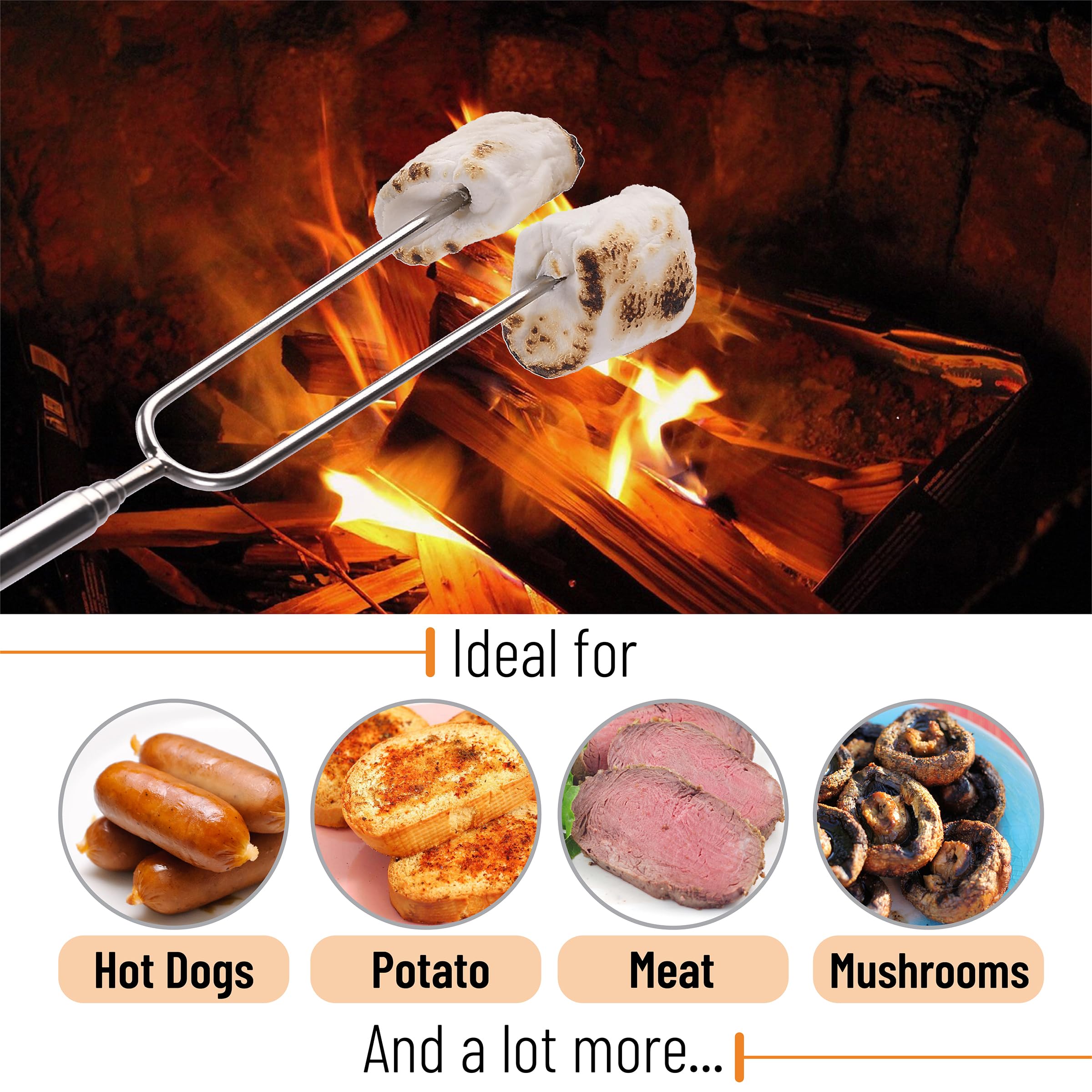UNCO Marshmallow Roasting Sticks - 10 Pack, 45" Stainless Steel, Orange & Silver, Ideal for Campfires & Fire Pits