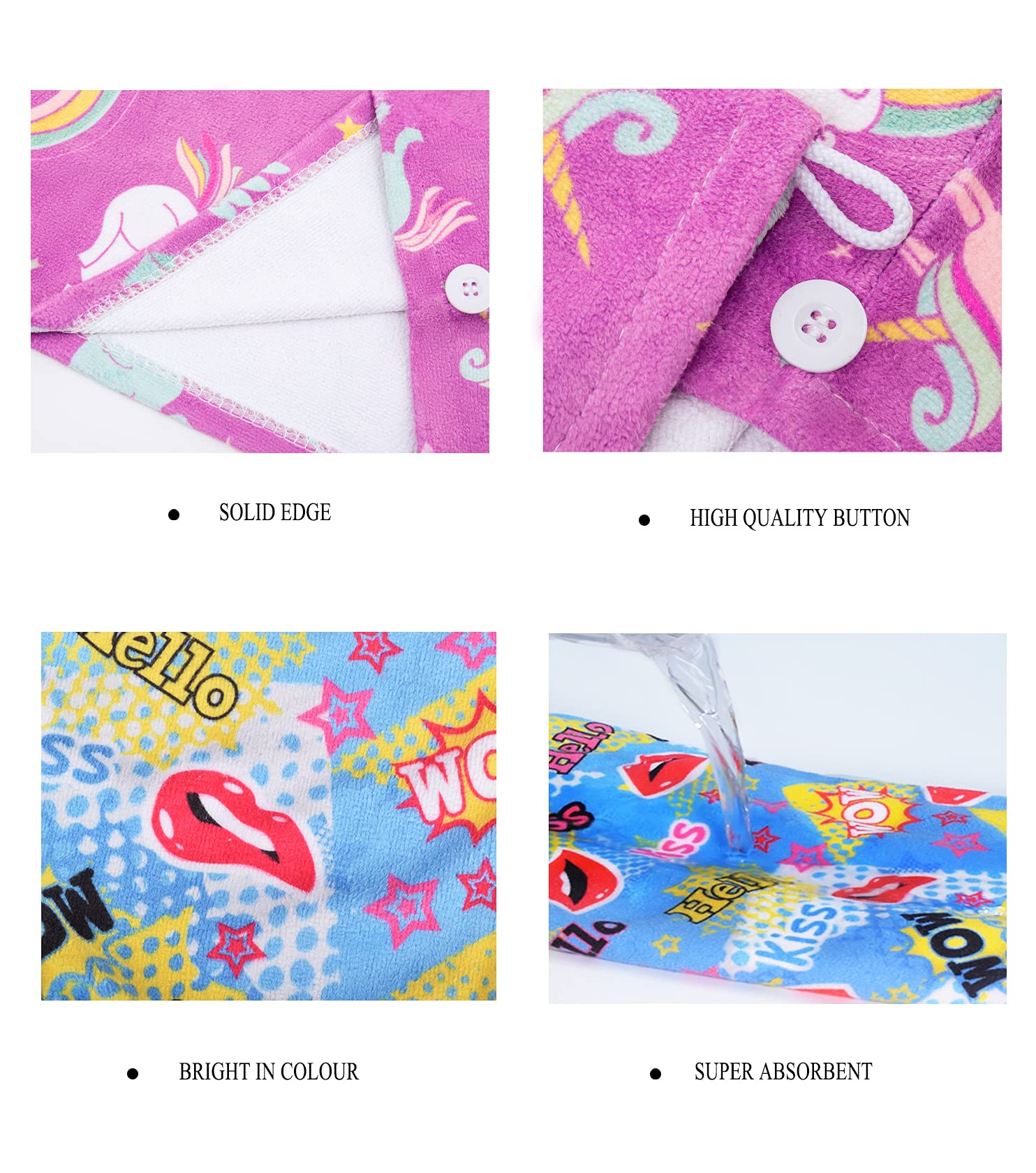 ELLEWIN Microfiber Hair Drying Towels, 3 Pack Quick Dry Turban for Kids, Purple/White/Blue, Anti Frizz for Curly Long Thick Hair