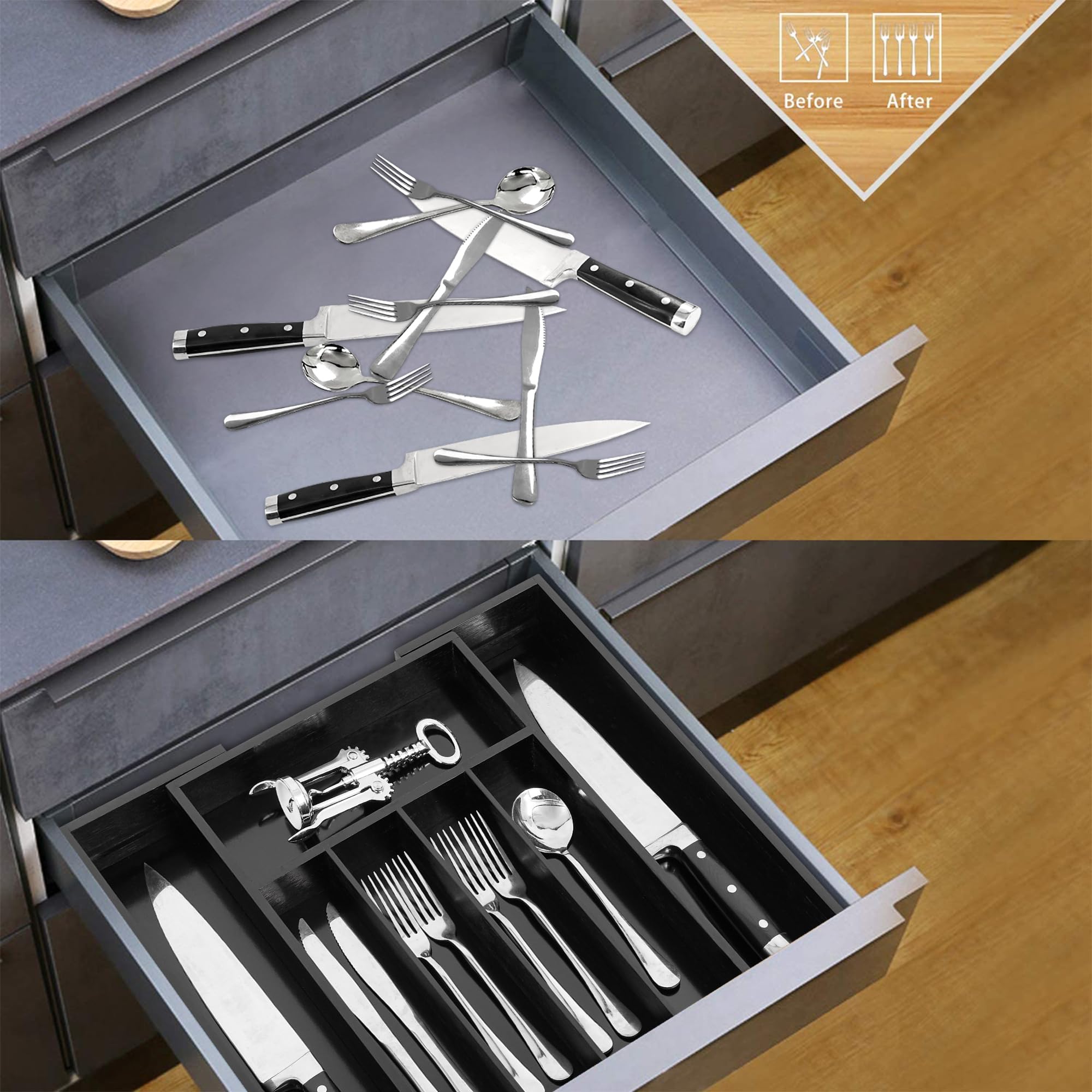 Vaefae Bamboo Silverware Organizer, Expandable Kitchen Drawer Organizer For Cutlery, Wooden Utensil Holder, Multi-Function Drawe