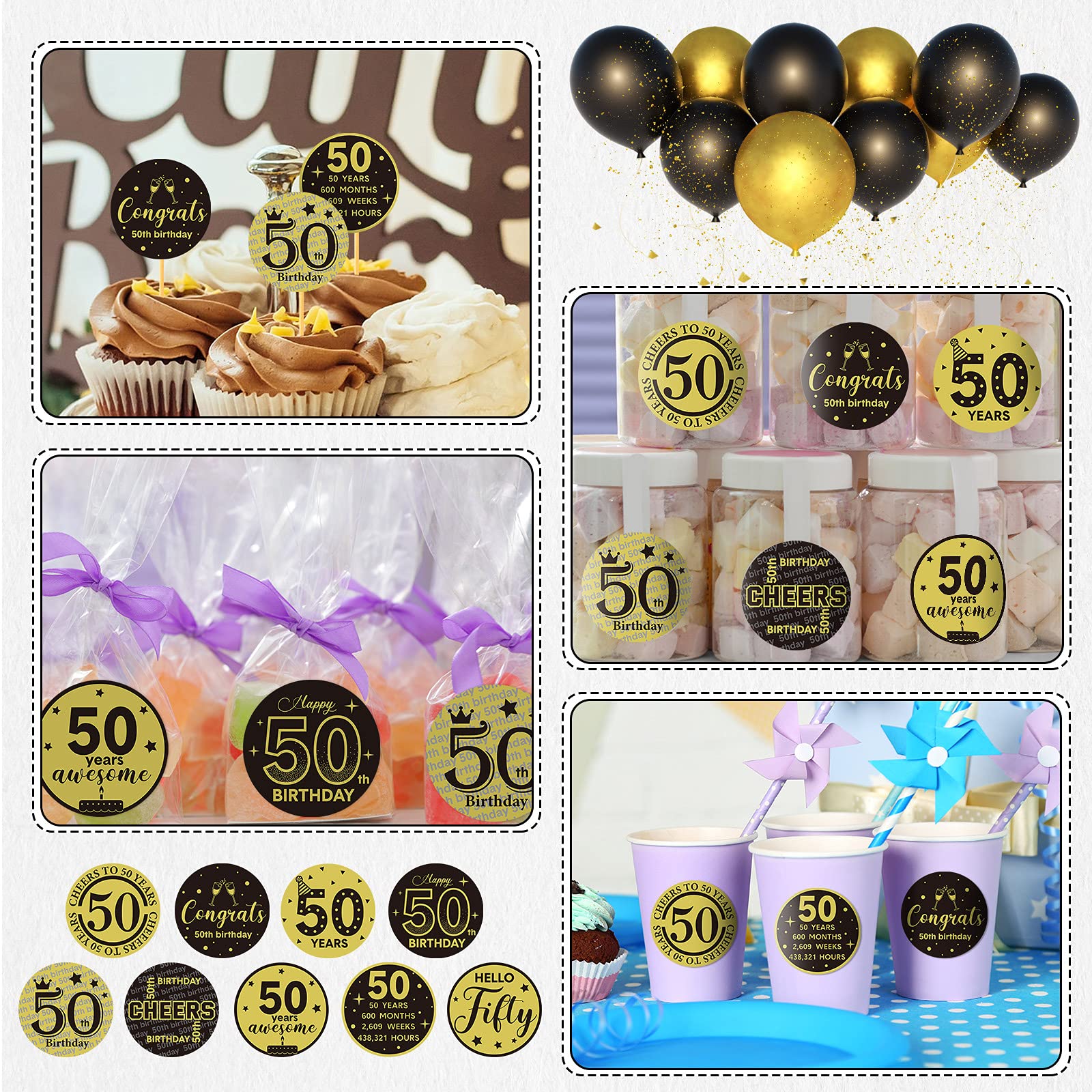 Tenare 504 Pieces Black and Gold 50th Birthday Party Favor Stickers Cheers to 50th Label Stickers Round Mini Chocolate Candy Wrappers for 50th Happy Birthday Party Decor