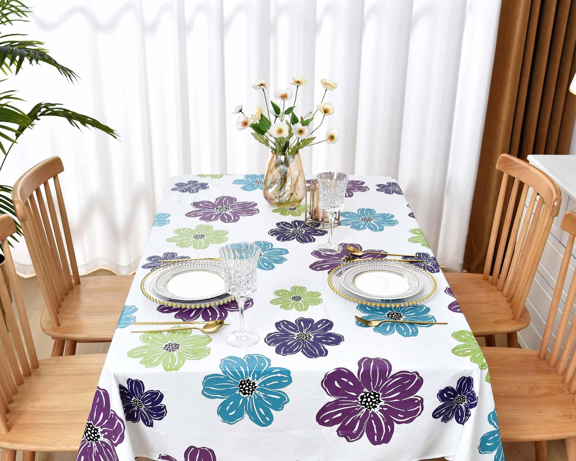 Summer Floral Tablecloth 54X72 Inch, Purple Flower Table Cloth, Rectangle Tablecloth Plastic, Vinyl Flannel Backed Tablecloth, W