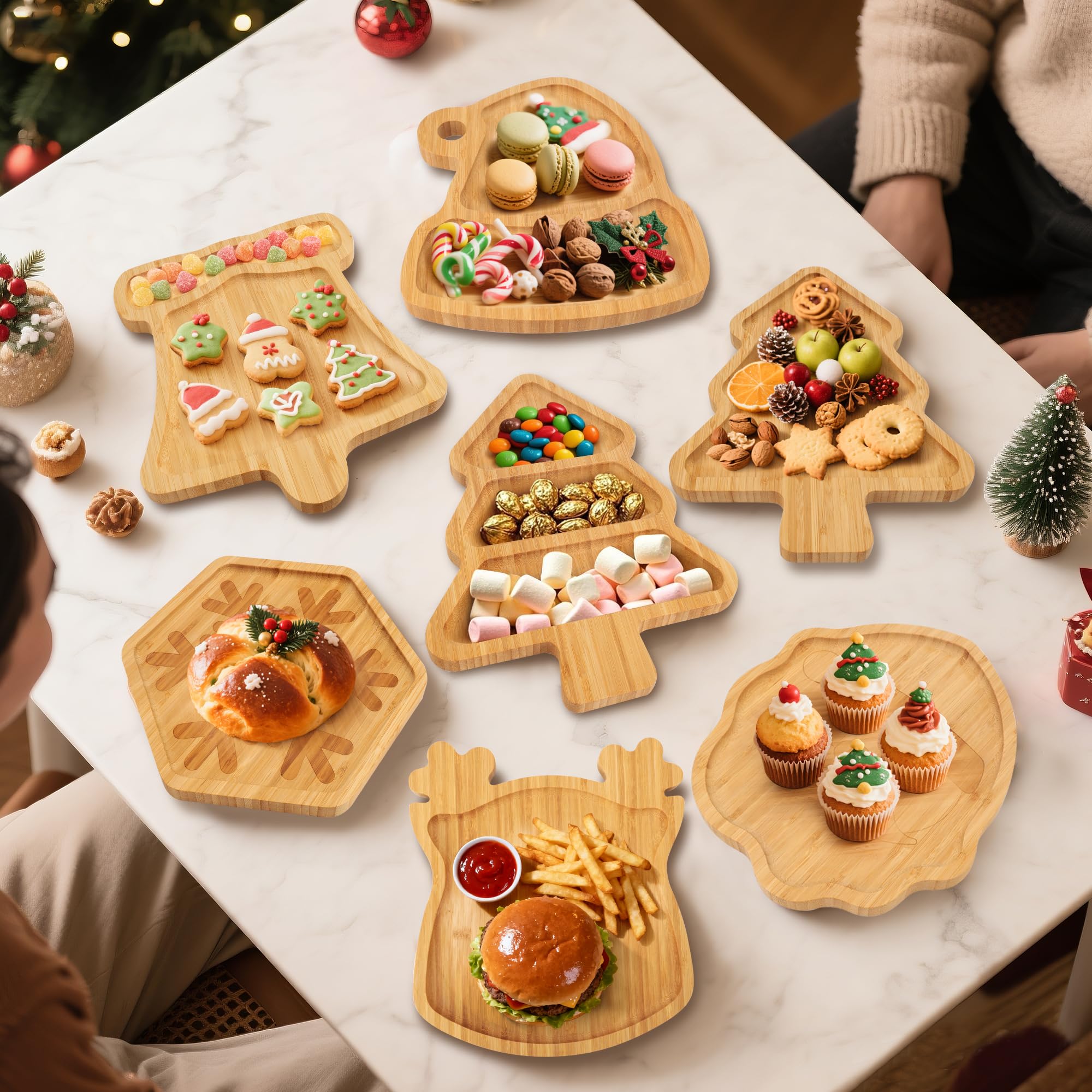 Christmas Serving Tray, Bamboo Christmas Tree Serving Platter with 3 Compartments, Charcuterie Board Serving Dishes 11.8 x 8.7 f