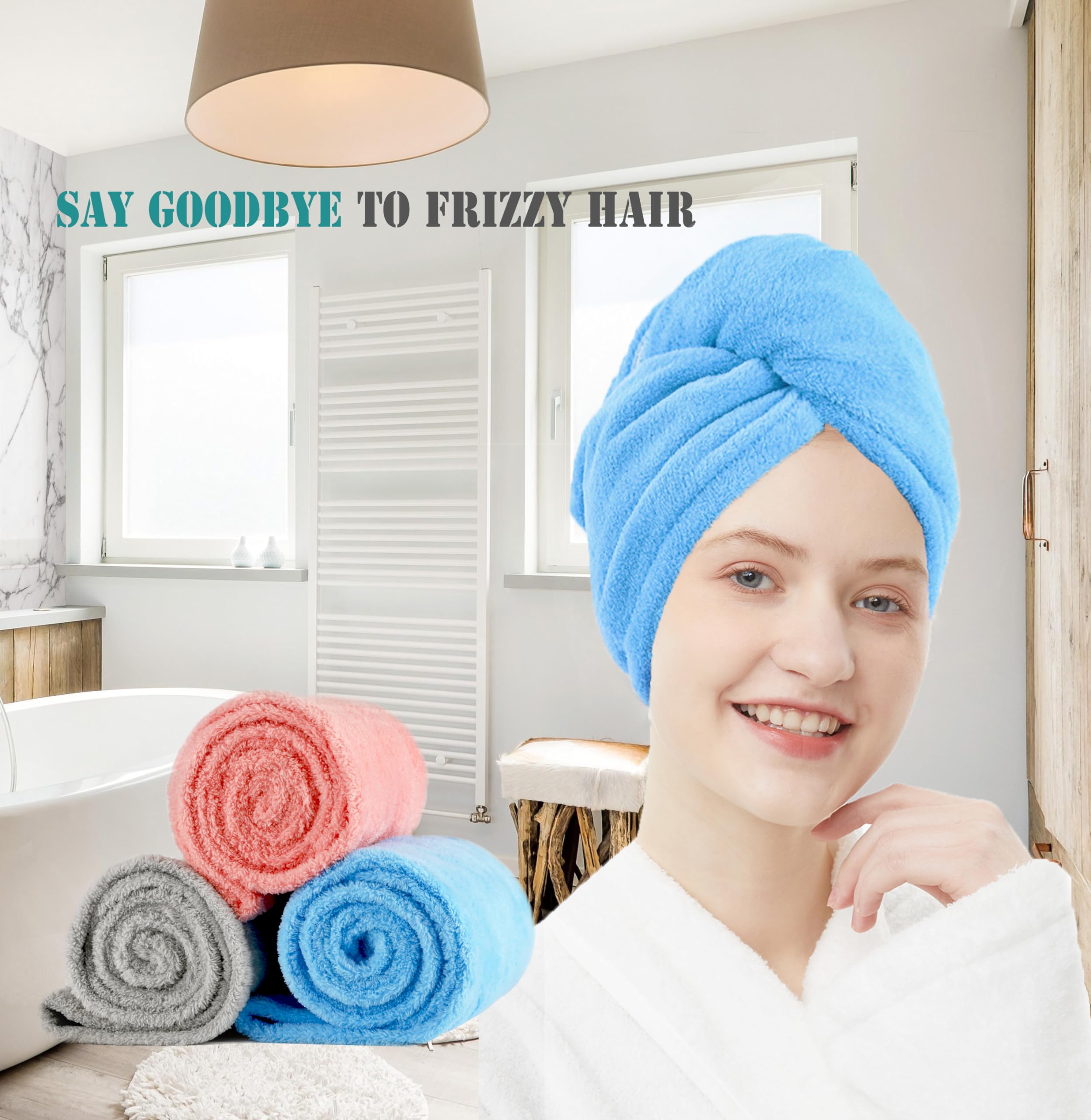 ELLEWIN Microfiber Hair Towel Wrap for Women 3 Pack,Hair Drying Turban with Button,Anti Frizz,Super Absorbent Quick Dry Hair Tow