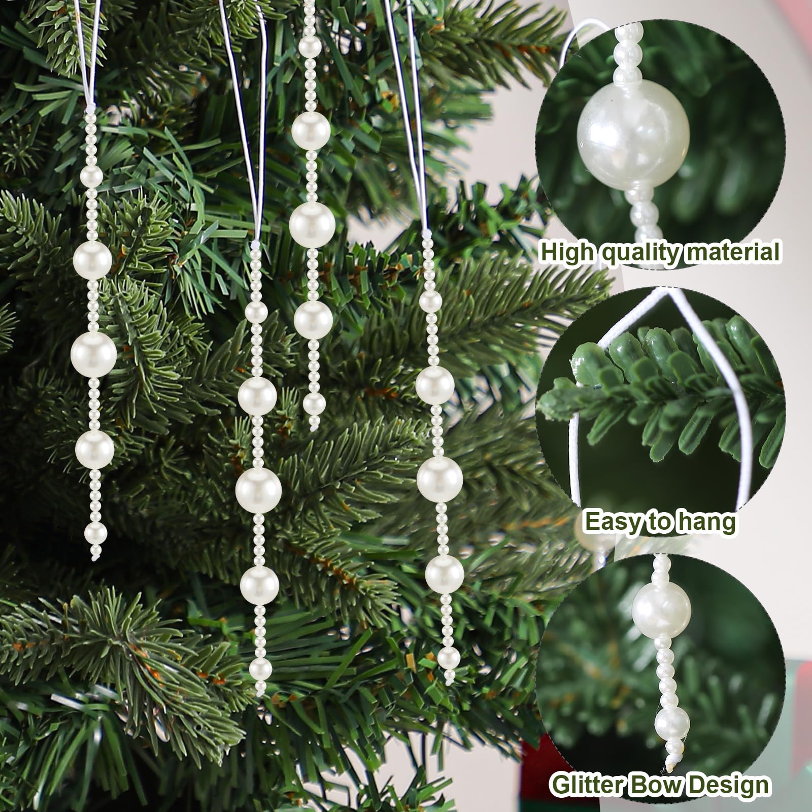Leyndo 24 Pcs Christmas Pearl Ornament White Beads Christmas Tree Decorations Faux Pearl Hanging Ornament for Indoor Outdoor Xma