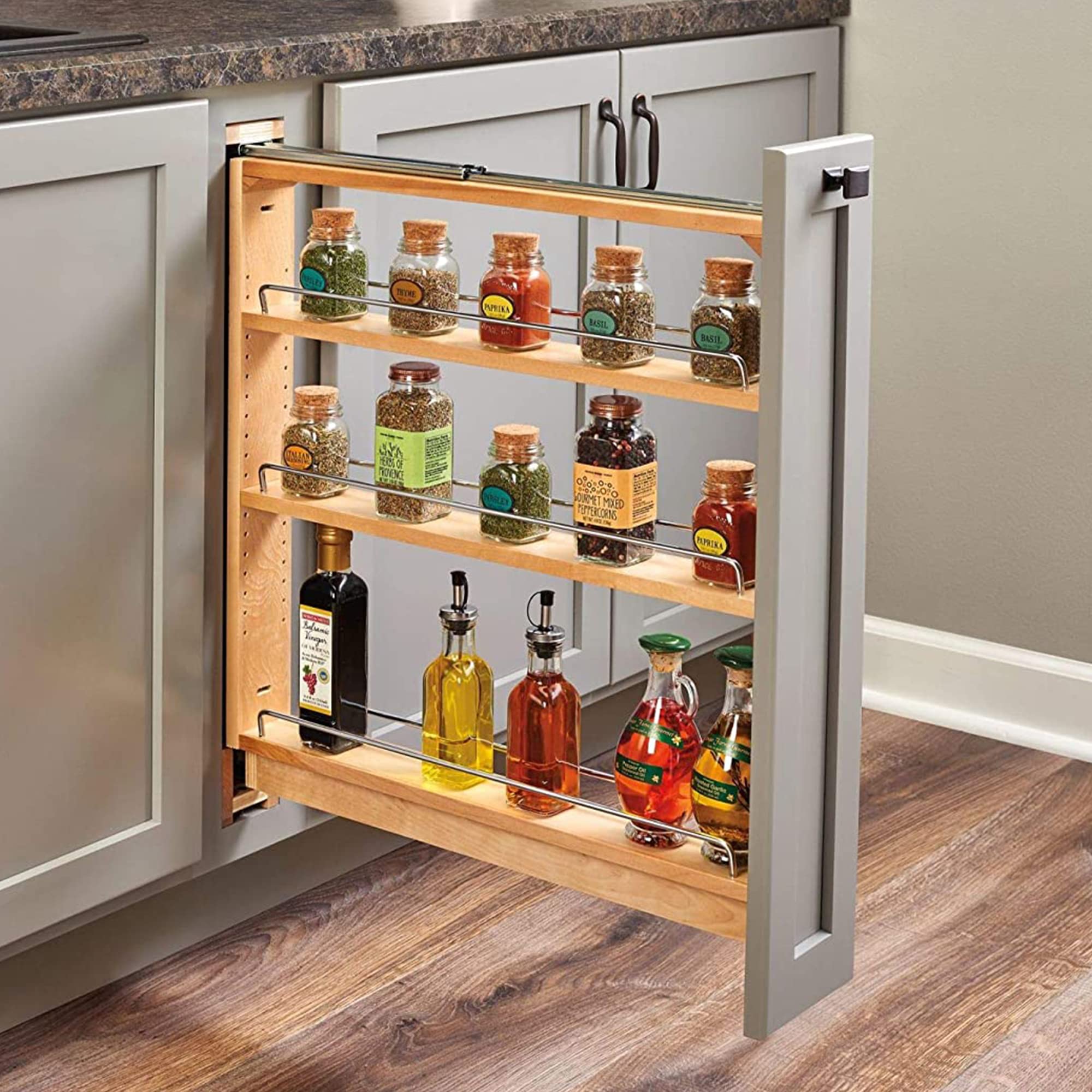 Rev-A-Shelf 3'' Pull Out Shelf Organizer For Between Base Kitchen Cabinets, Adjustable Filler Spice Rack Seasoning Storage Holde