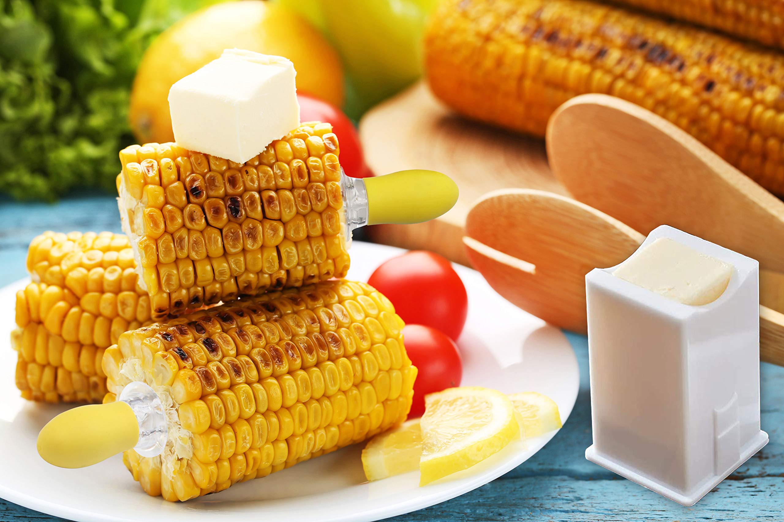 Recoil Corn Cob Holders Skewers BBQ Twin Prong Holders  Corn Dishes and Butter Spreader Set Kits  Includes 8 Corn Cob Holders  4 Corn Dishes and Butter Spreader