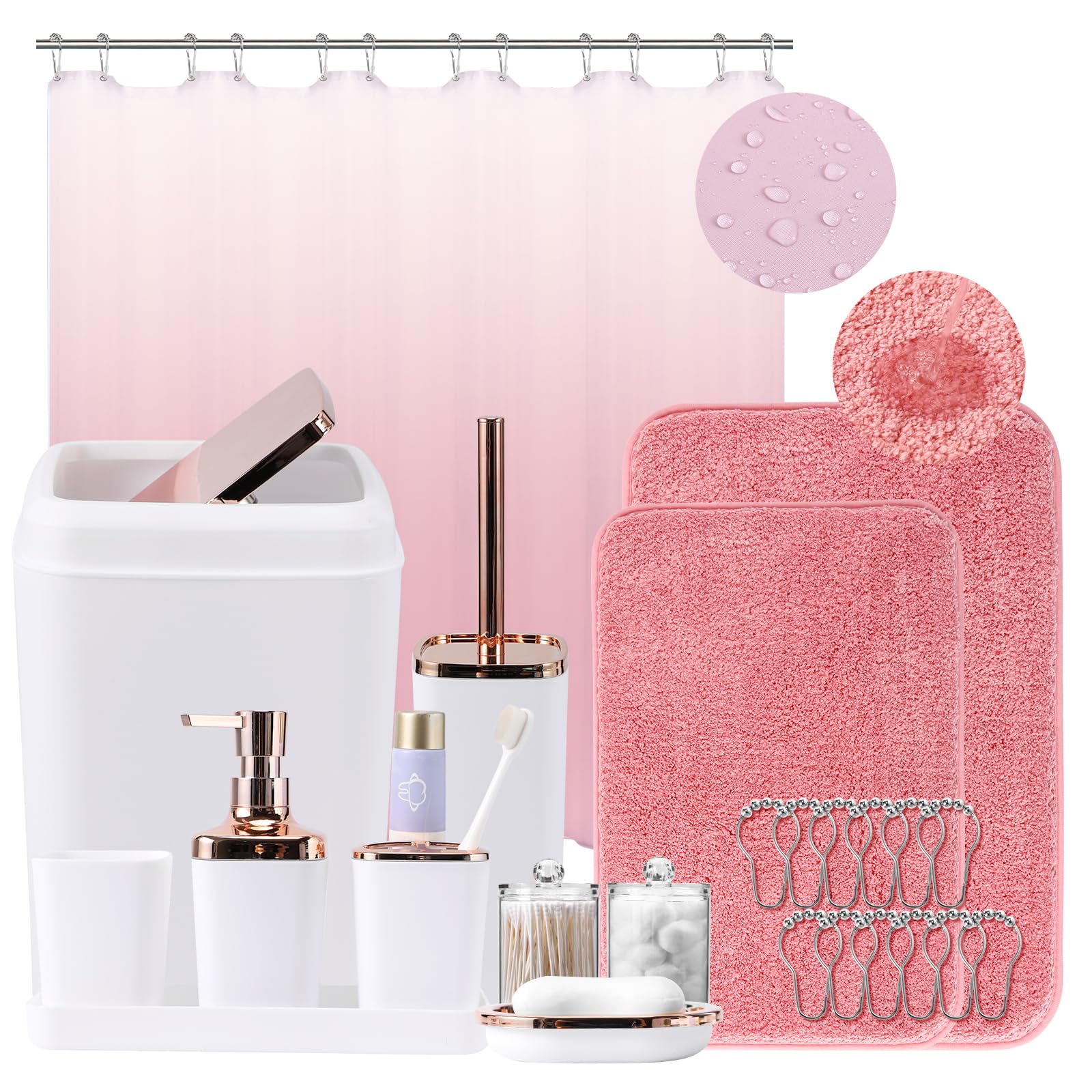 Xlhomo 24Pcs White Bathroom Set With Shower Curtain And Rug And Accessories, White Bathroom Accessories With Trash Can,Soap Disp