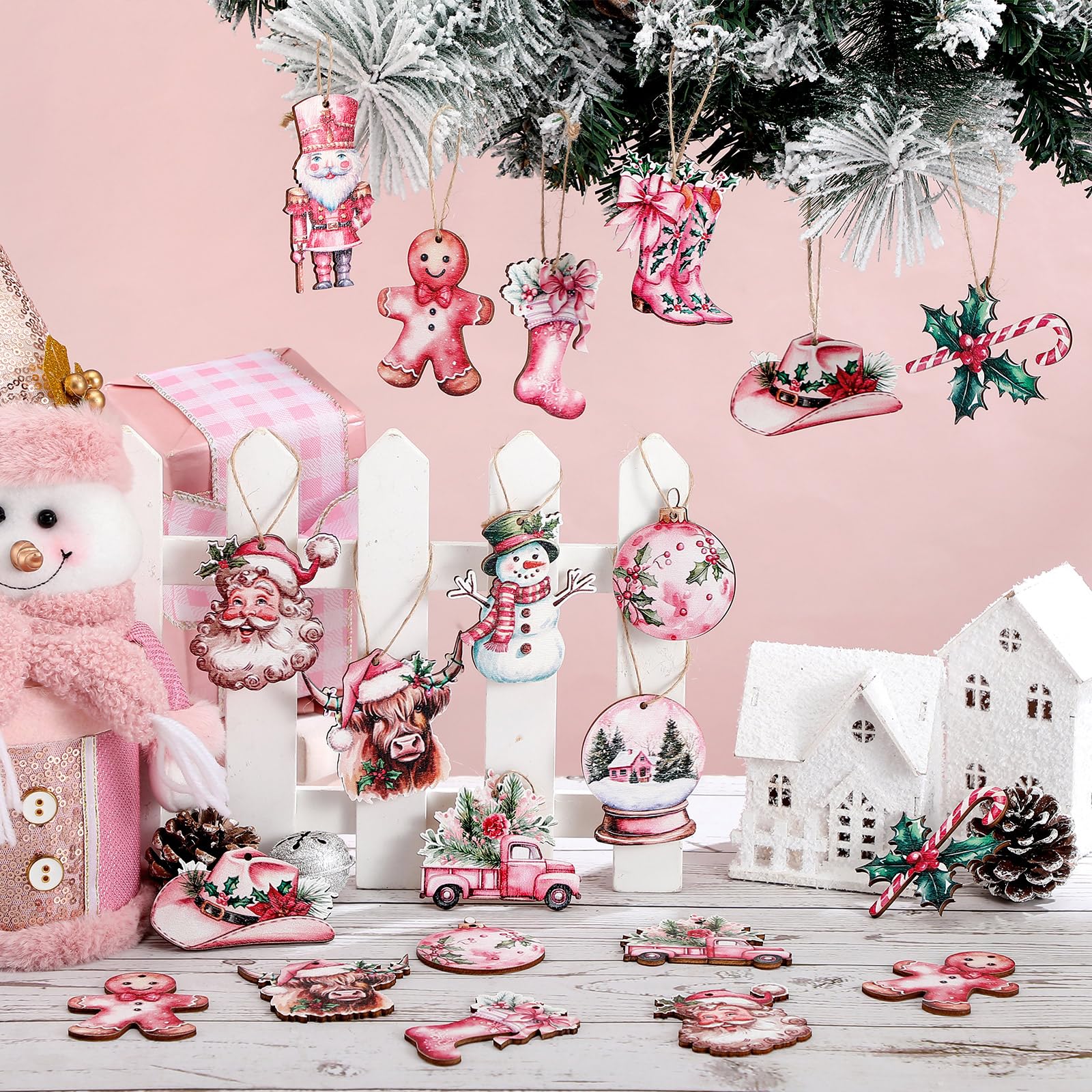 Huwena 36 Pcs Pink Christmas Ornaments Wooden Western Christmas Decorations for Tree Nutcracker Gingerbread Man Cowgirl Boots Ha