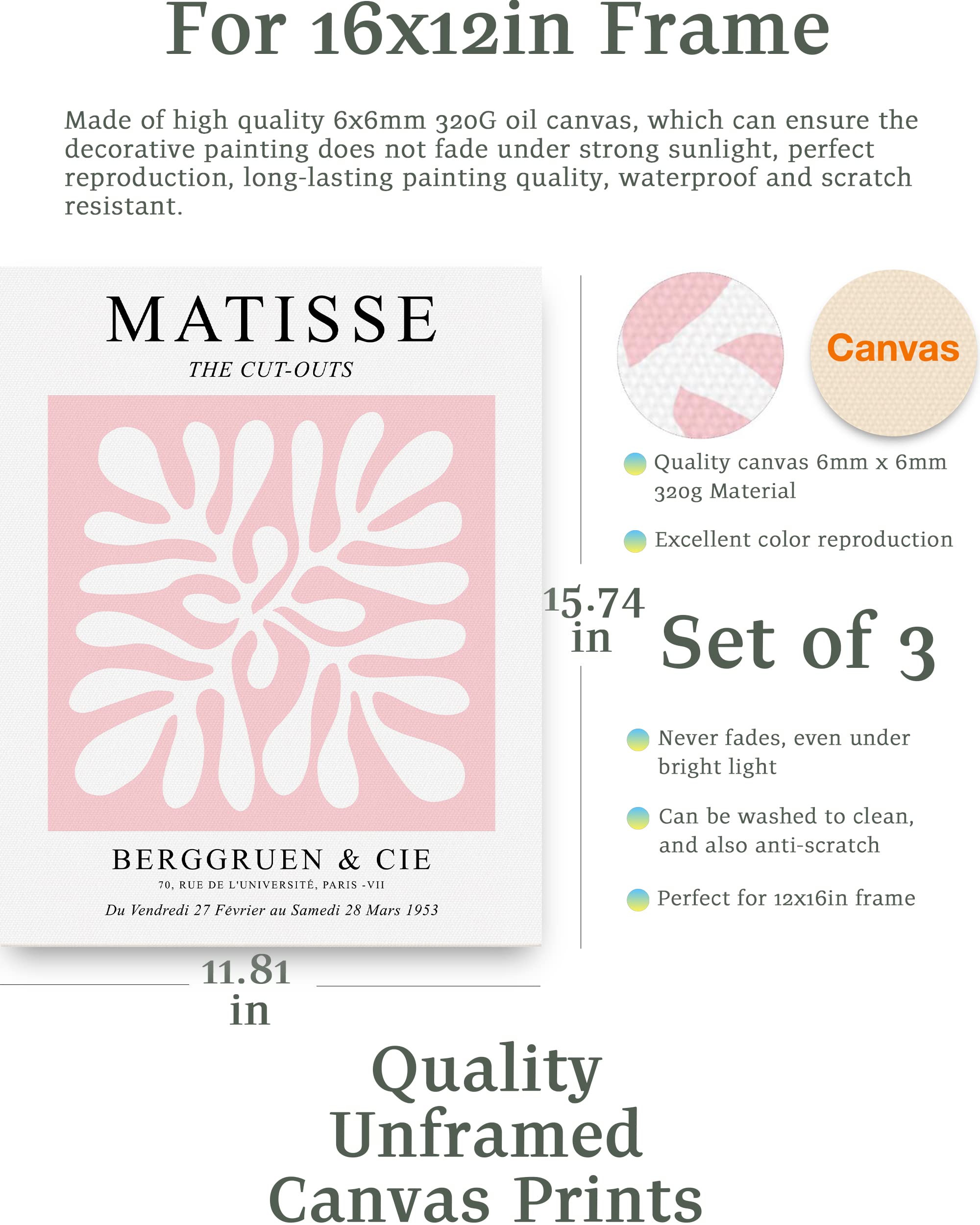 Hesendot Matisse Art Wall D  Cor Set Of 3,Unframed Blush & Salmon Pink Wall Art,Truly Quality Canvas Prints For 12X16In,Art Post
