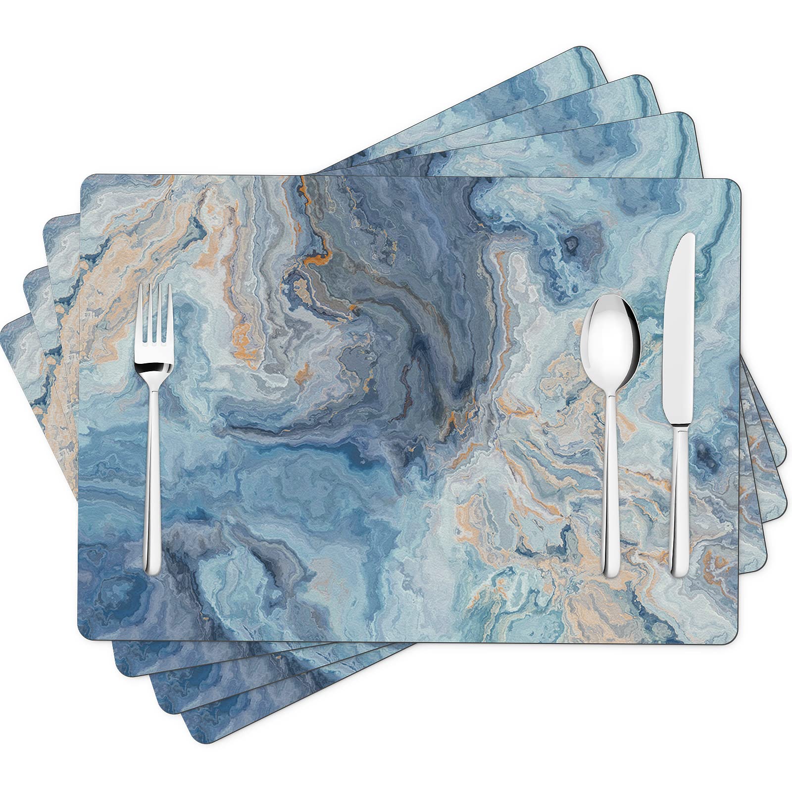 Marble Faux Leather Placemats Dining Table Mat Set, Indoor Placemats Set Of 4, Non-Slip/Wipe Clean Dining Table Mat Set, Heat-Re