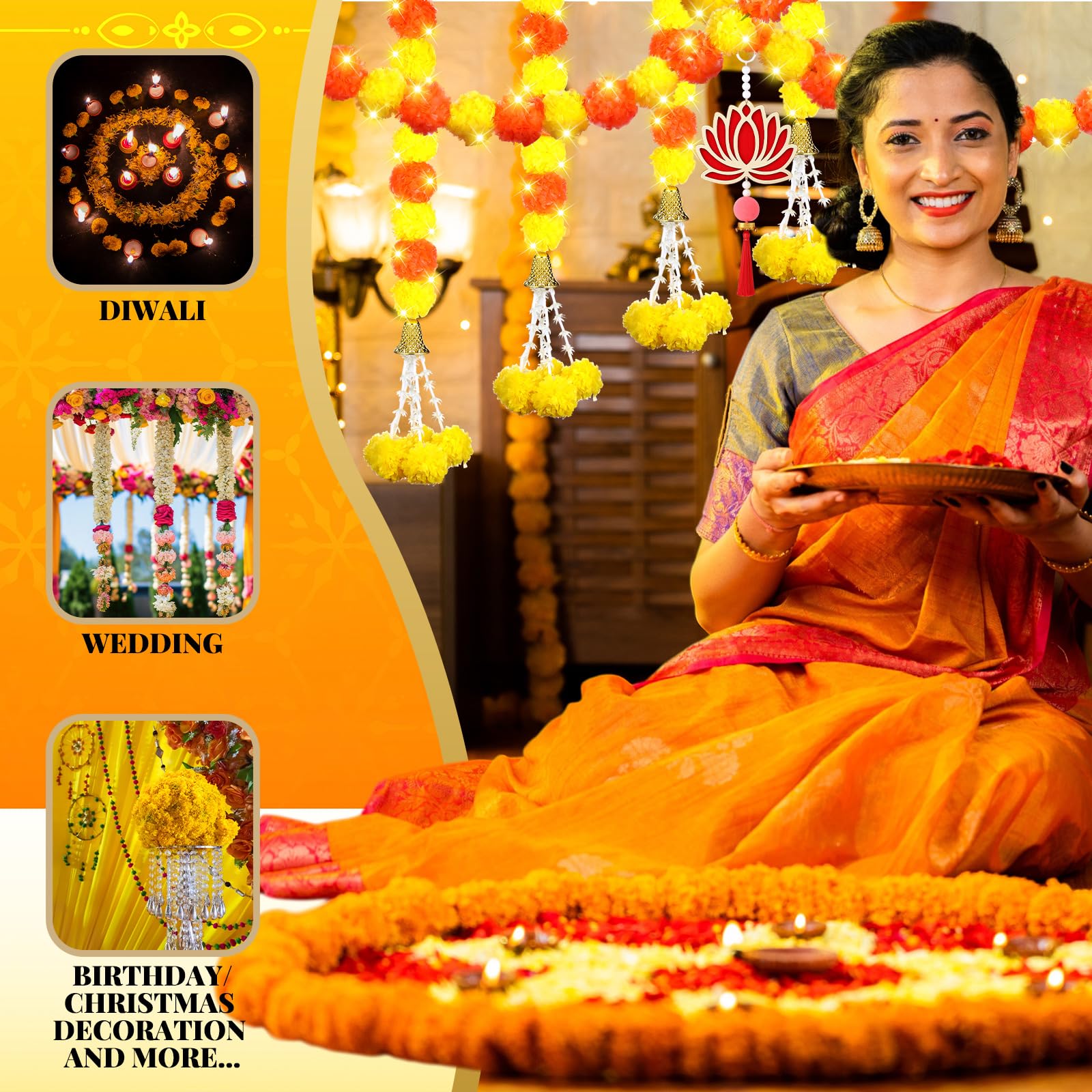 11 Pcs Diwali Decoration 5 Pcs 4.92 ft Marigold Garland Decoration with String Light 6 Lotus Hanging Ornament Indian Decor for P