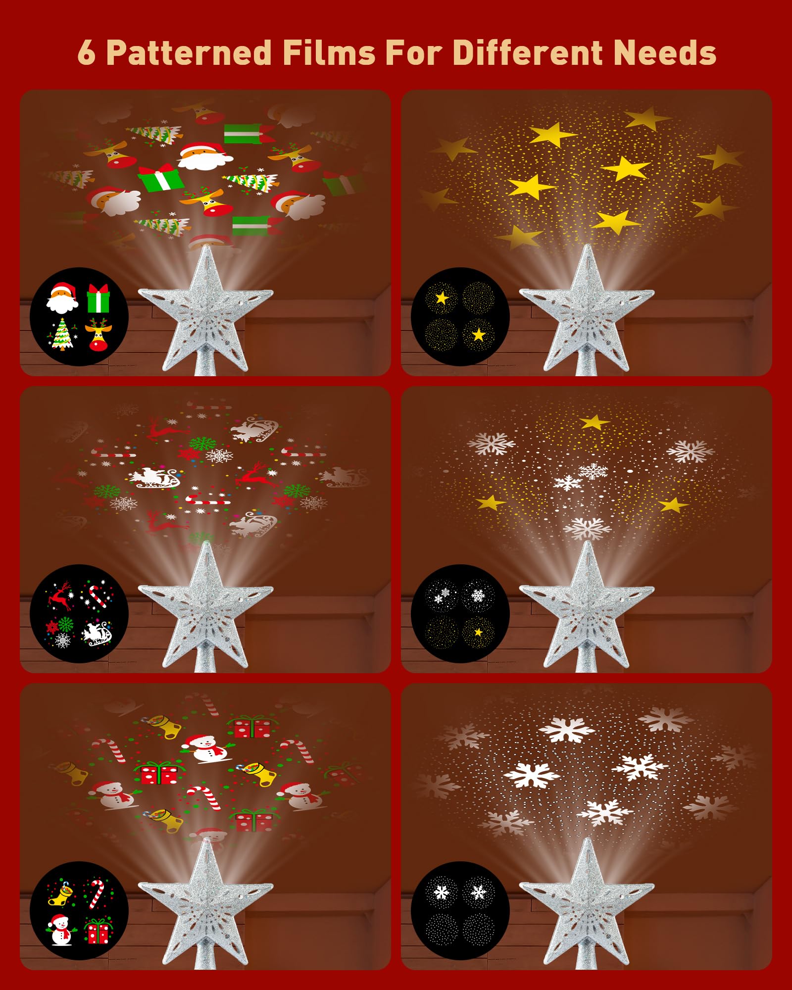 Christmas Tree Topper Lighted with 6 Patterns Projector, Christmas Star Tree Topper Built-in 3D Glitter LED Rotating Lights, Hol