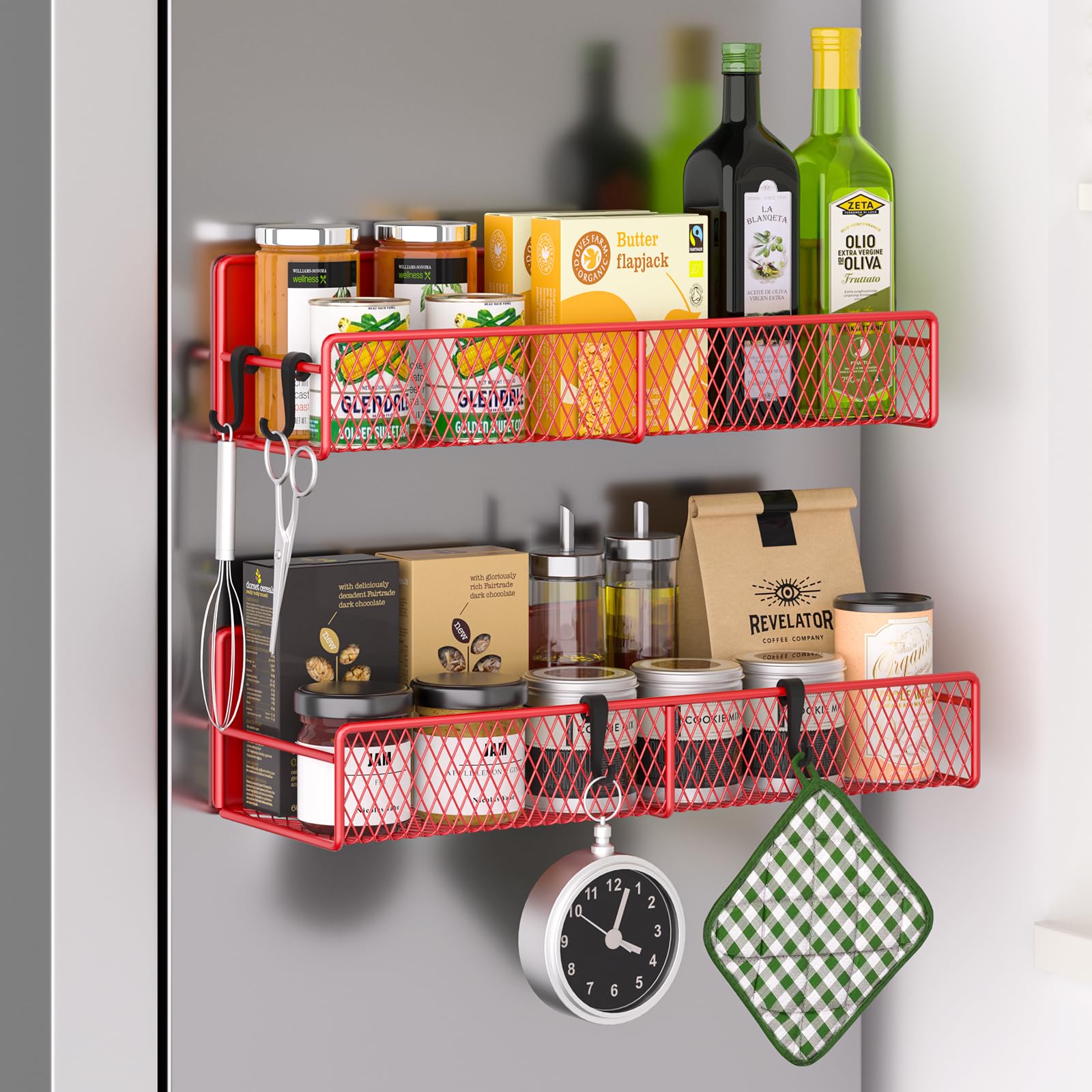 Magnetic Spice Rack for Refrigerator, 2 Pack 100% Metal Strong Magnet Shelf, Space Saving Spice Organizer W/ Hooks, Movable Magn