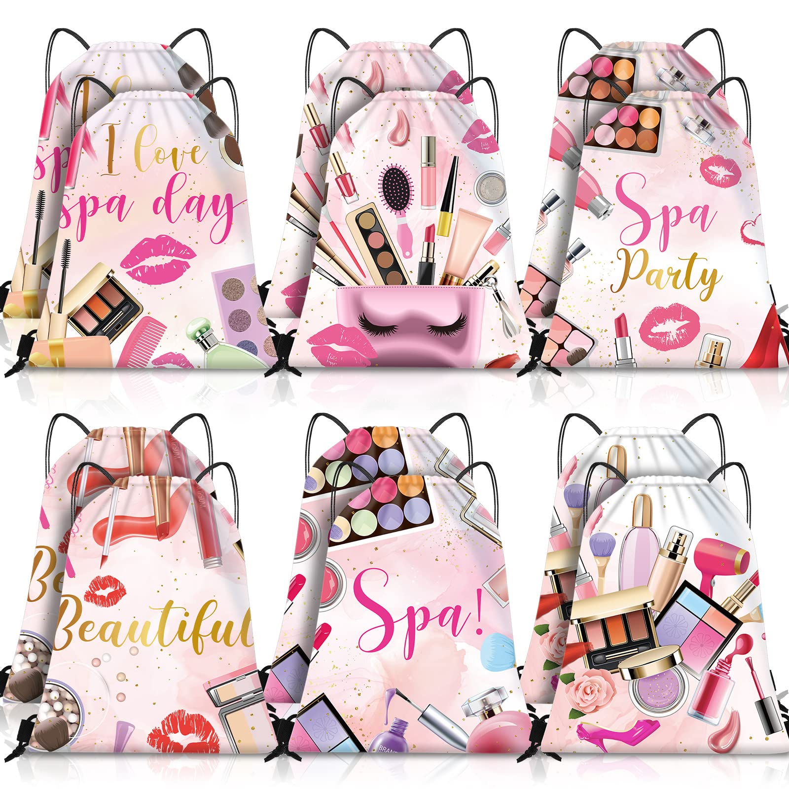 Equsion 12 Pcs Spa Party Favor Bags Drawstring Backpack Spa Party Gift Bags Supplies for Girls Women Makeup Birthday Decorations